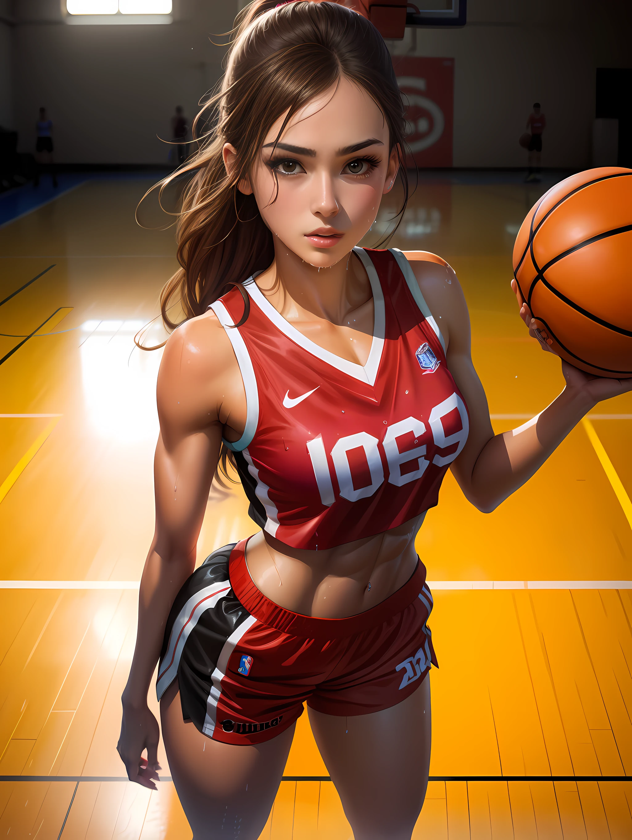 (Digital Painting),(Best Quality), 1girl in,basketball uniform,charming face,small head,big beatiful eyes,large breasts,Trained abs,nice legs,wet skins sweat,basketball Venues,Dramatic light,from above