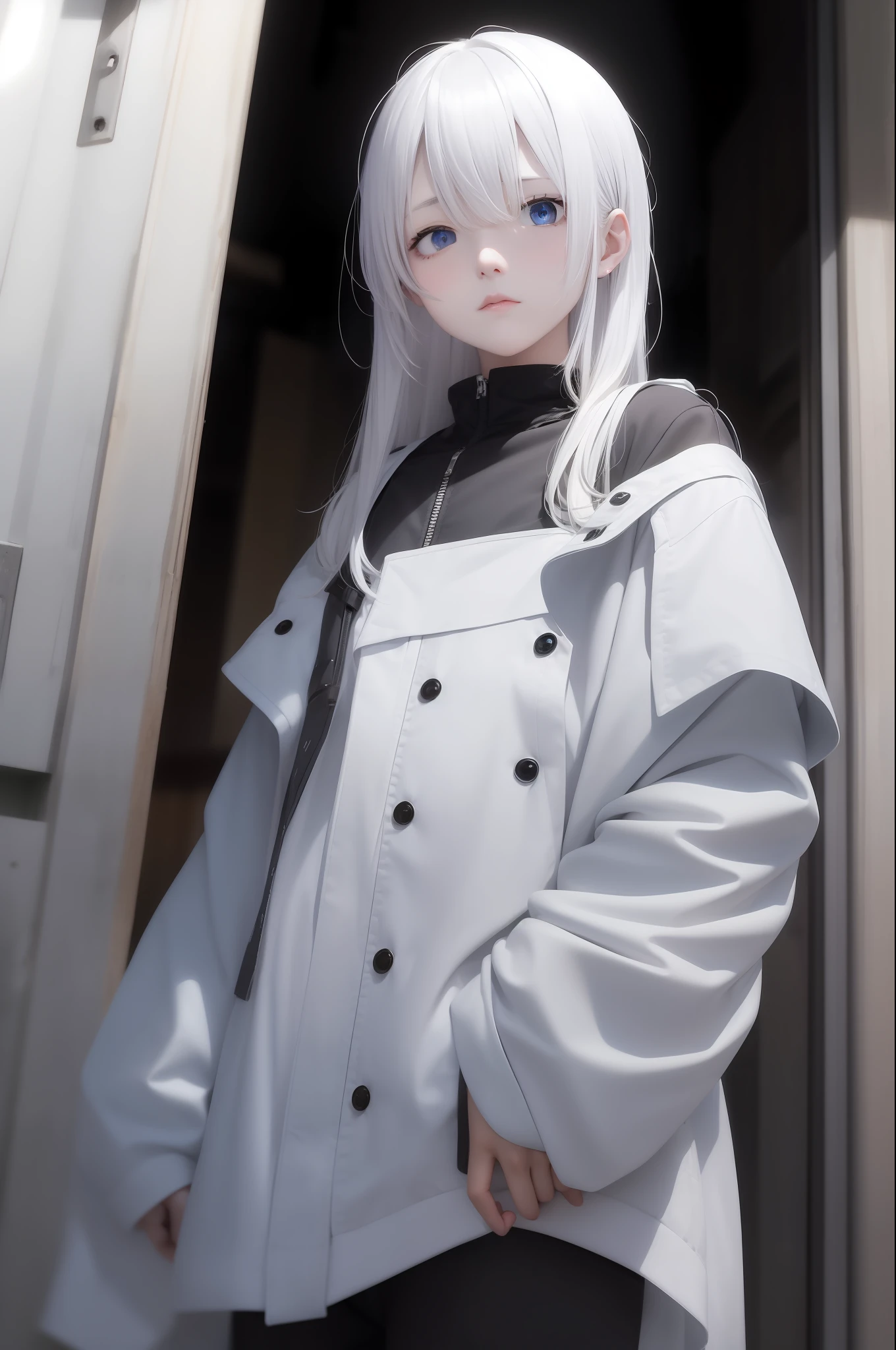 White hair、Blue eyes、deadpan、Long