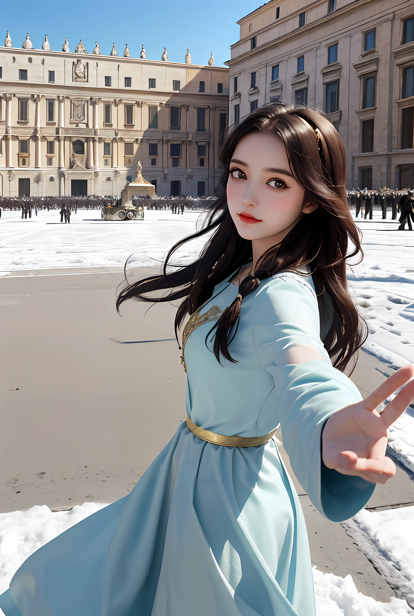 (巨作, Best quality, Realistic),
2girls,duo,winter,Snowy,(on the St. Peter's Square of Vatican,crowd of), sankta. Peter's Square of Vatican background,gypsy dress,(Princess Eyes,shiny pupils),Dancing,  gold, banquet, crowd of, picking up skirt,
[Slight smile],