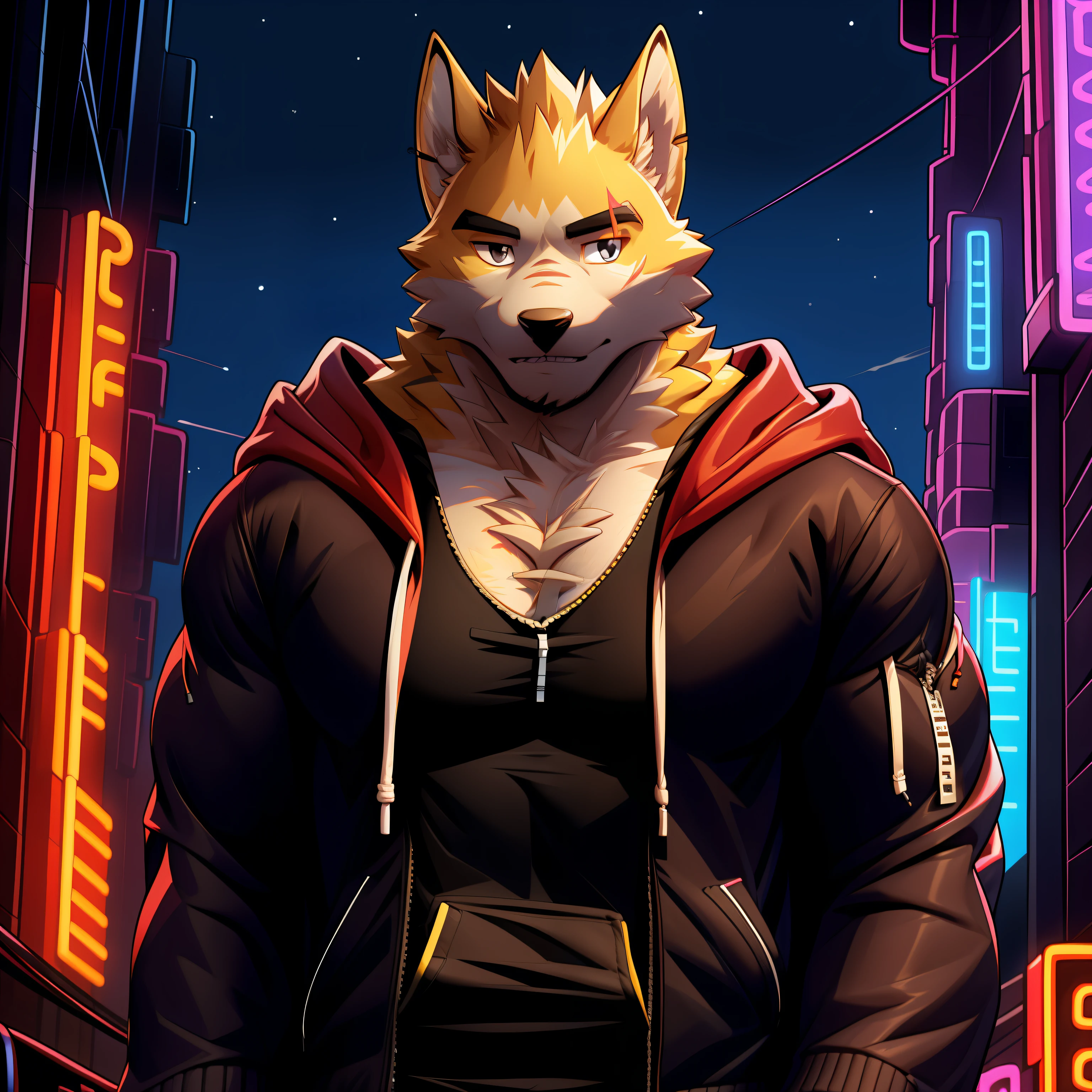 cooper krager, solo, looking at viewer, shirt, 1boy, jacket, male focus, open clothes, hood, black shirt, hoodie, muscular, pectorals, muscular male, bara, hooded jacket, sharp fingernails, night city, neon, furutistic, yellow fur, black eyes