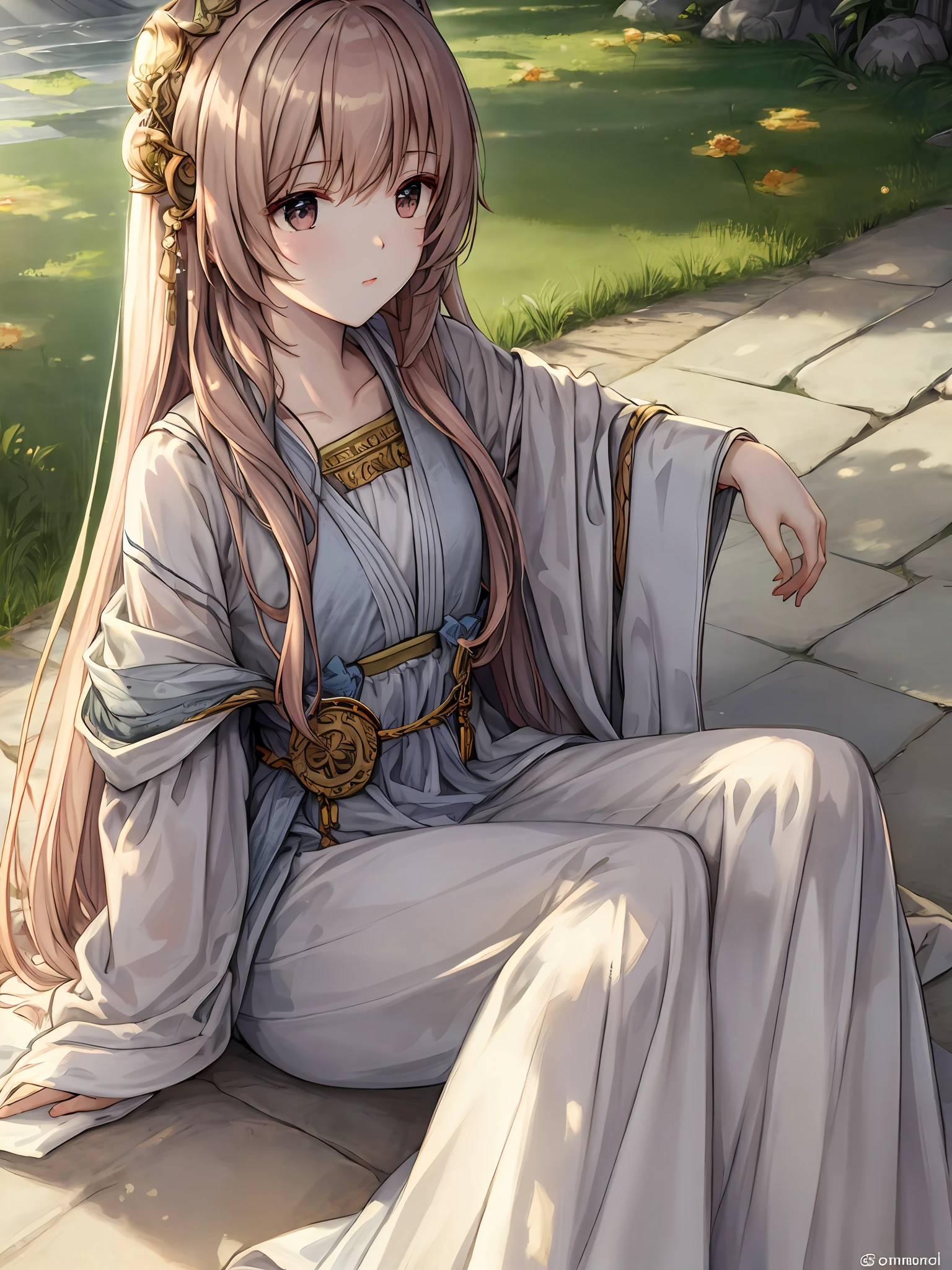 High Picture Quality，Clear and bright，High detail small fresh CG painting，Ancient Style，Long fluffy hair，The sun pours，Sit quietly。