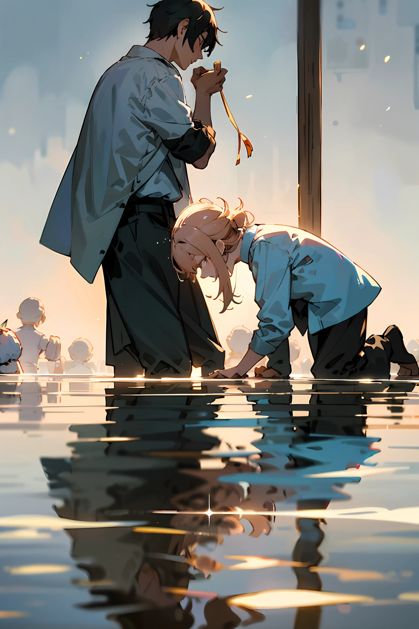 Scene showing the same serene person helping others in difficult situations]