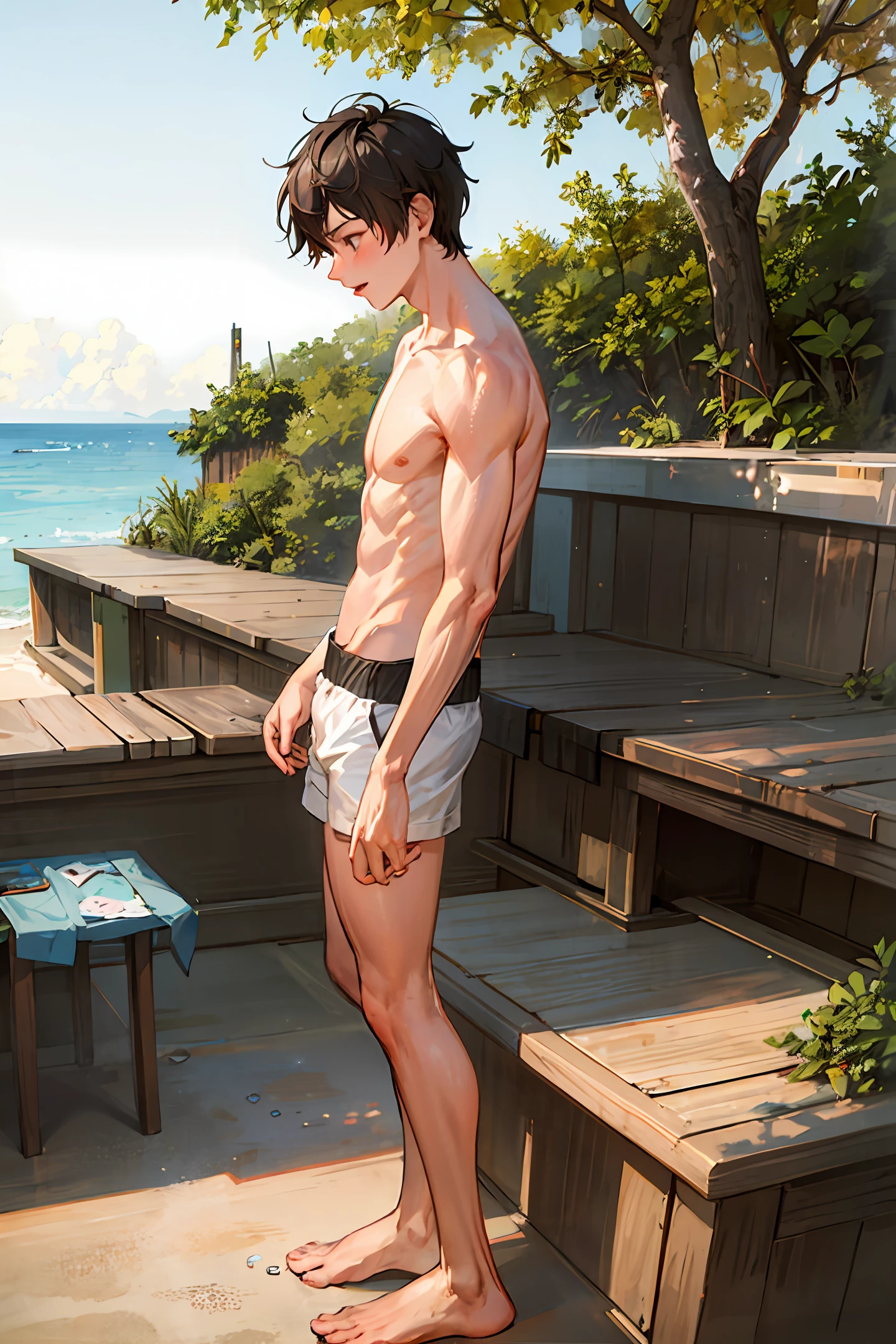 Luffy wearing tank top, flip-flop shorts