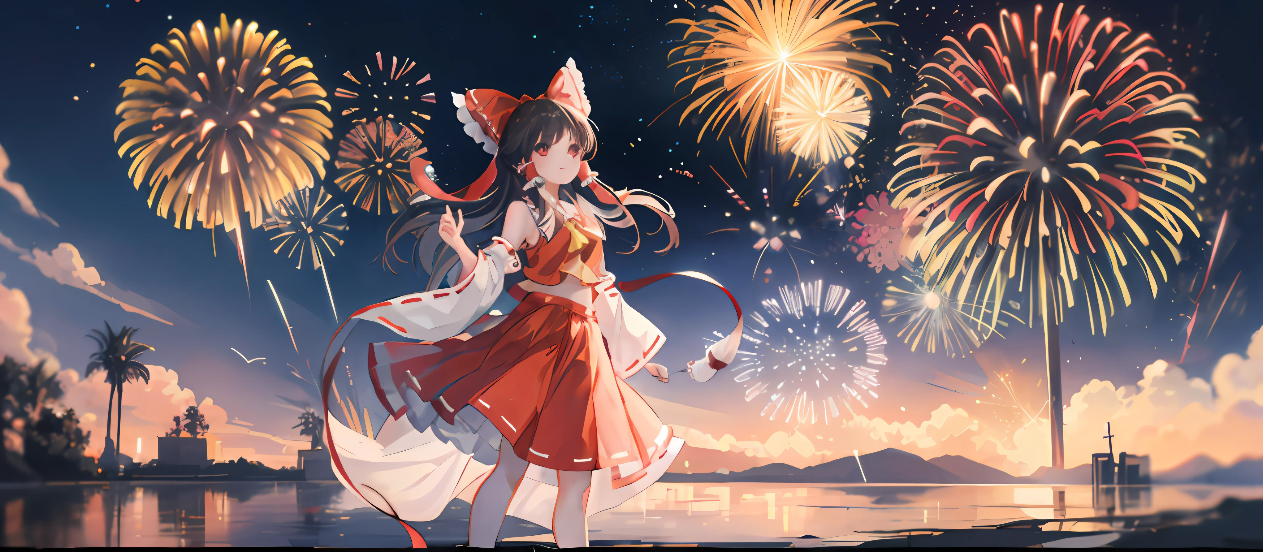 Anime girl in red dress with fireworks background, Anime style 4k, There is light in the eyes, Fireworks are brilliant, [ fireworks in the sky ]!!, artistic renderings of Reimu Hakurei, Anime art wallpaper 8K, 4k anime wallpapers, Perfect gestures, Highest image quality。