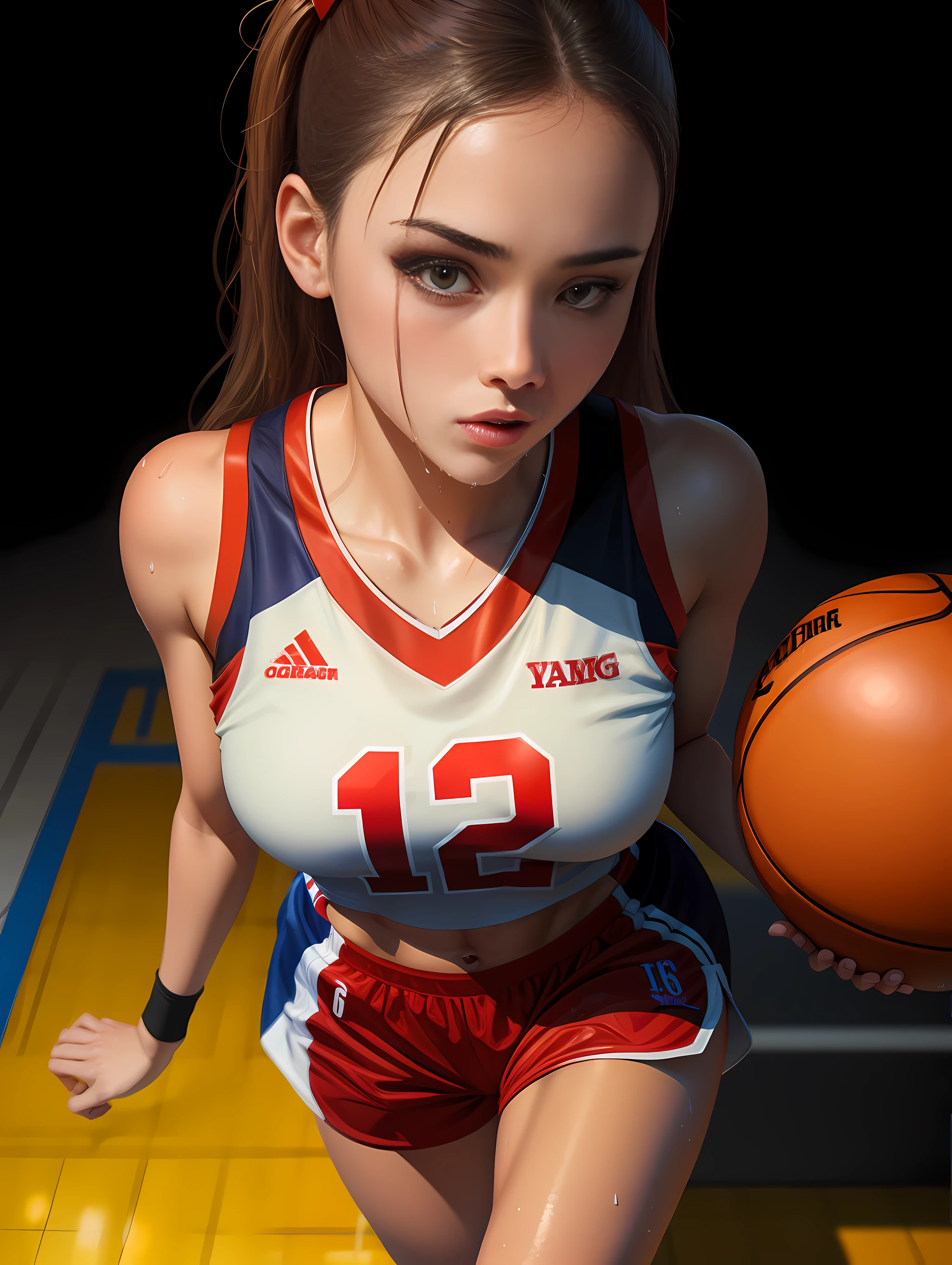 (Digital Painting),(Best Quality), 1girl in,basketball uniform,charming face,small head,big beatiful eyes,large breasts,Trained abs,nice legs,wet skins sweat,basketball Venues,Dramatic light,from above