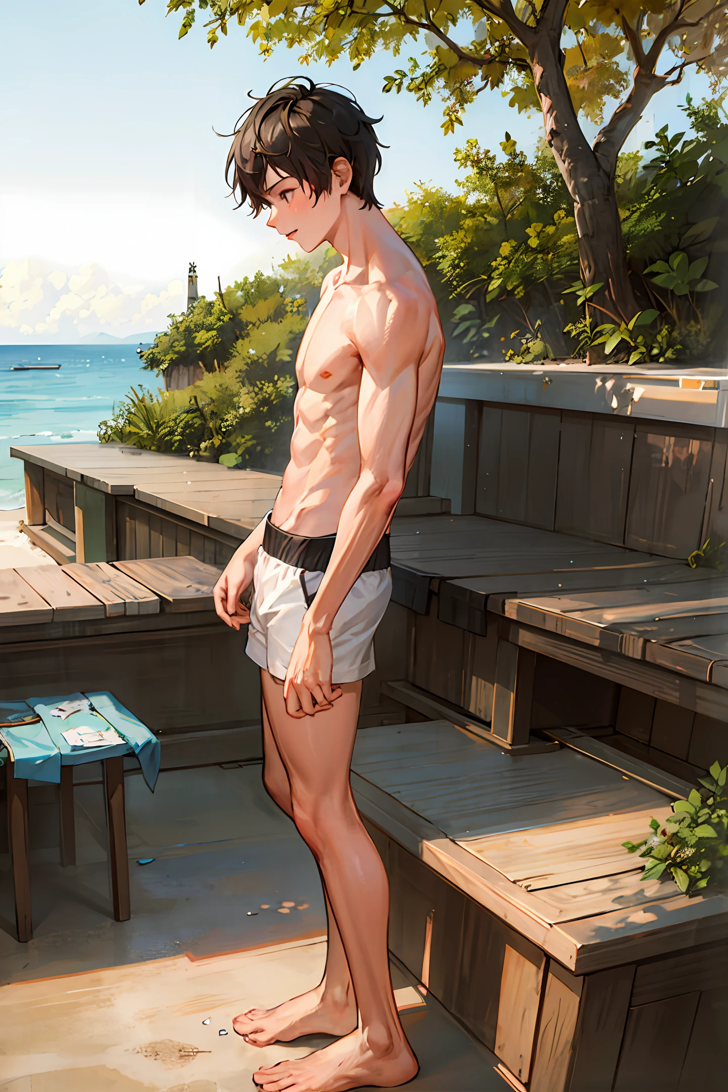 Luffy wearing tank top, flip-flop shorts