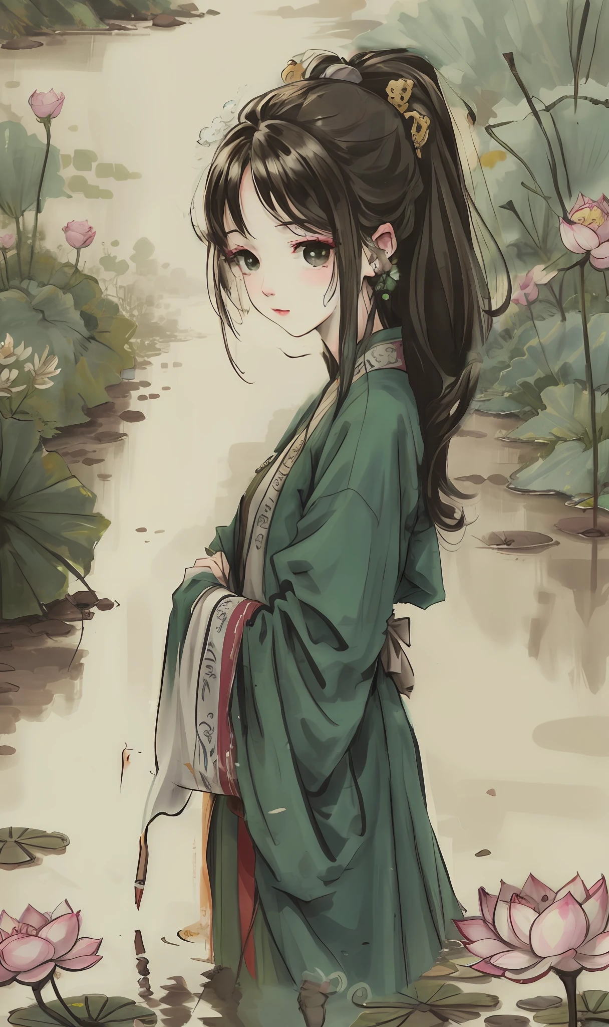 Green Hanfu，The long-haired