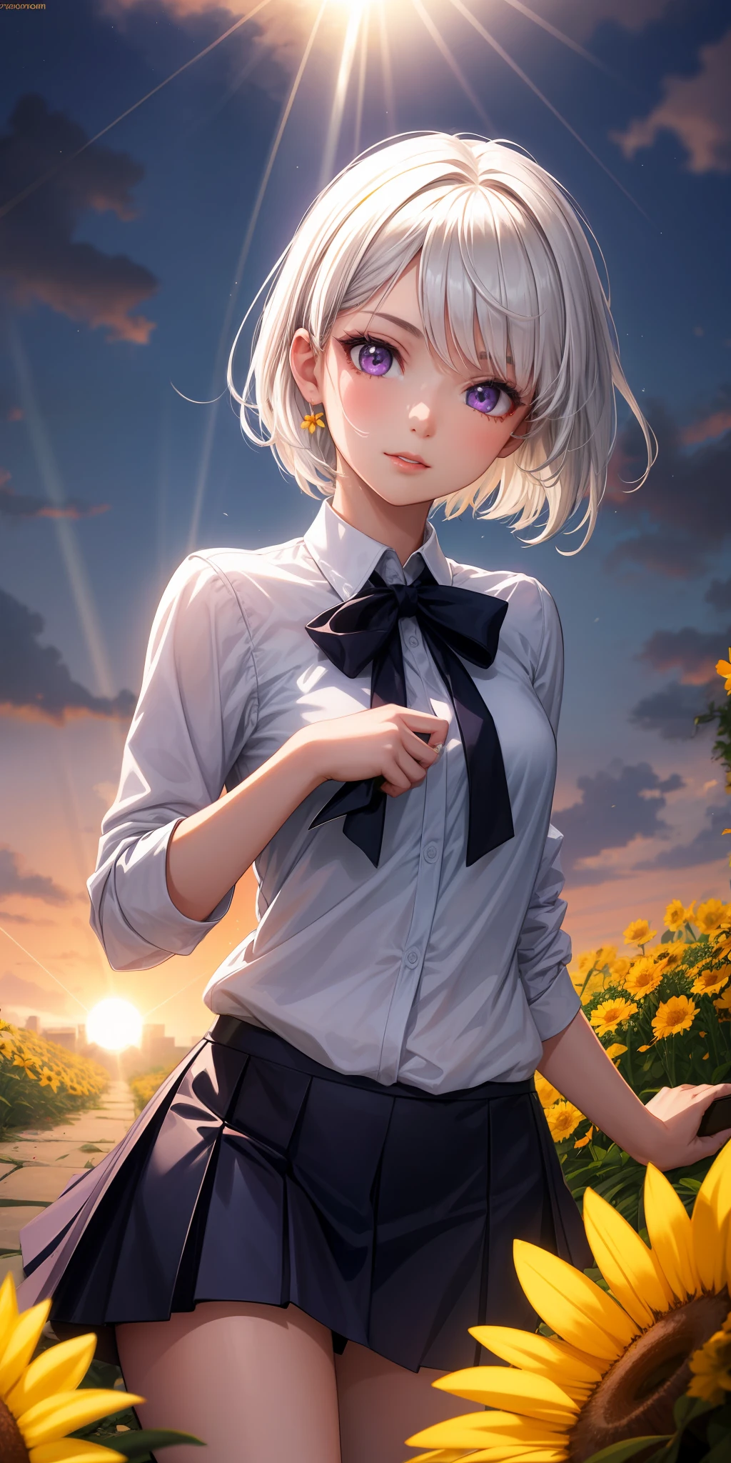 realisticlying,1girl,White hair,Purple eye,glowing light eyes,Cut the top,a skirt,parted lip,Be red in the face,the night,fresh flowers,suns,rays of sunshine,short detailed hair,pornography
