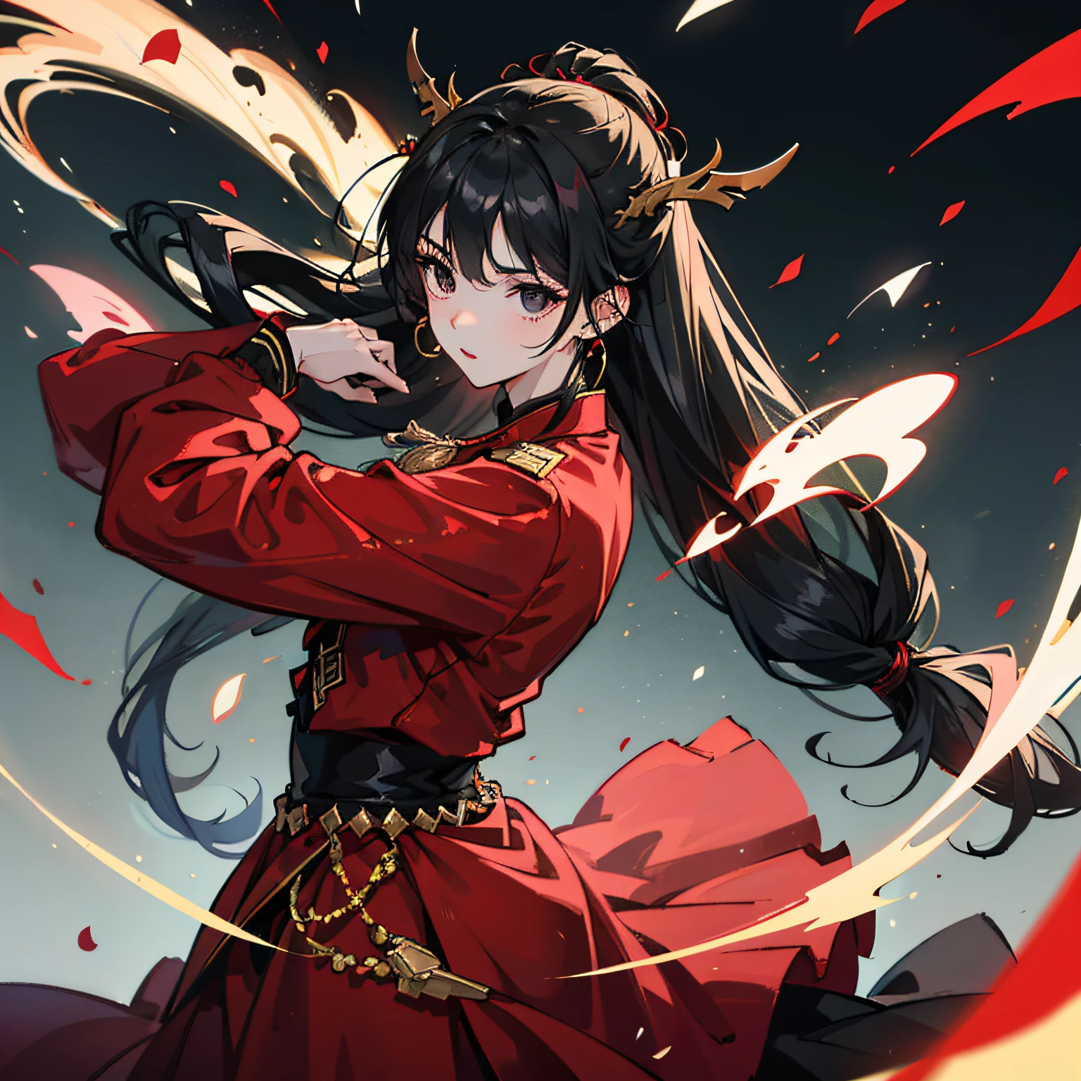 Six-blade service,long hair girl,black color hair,Red clothes,dancer outfit,Combat posture,Black eyes,4k高清 --auto