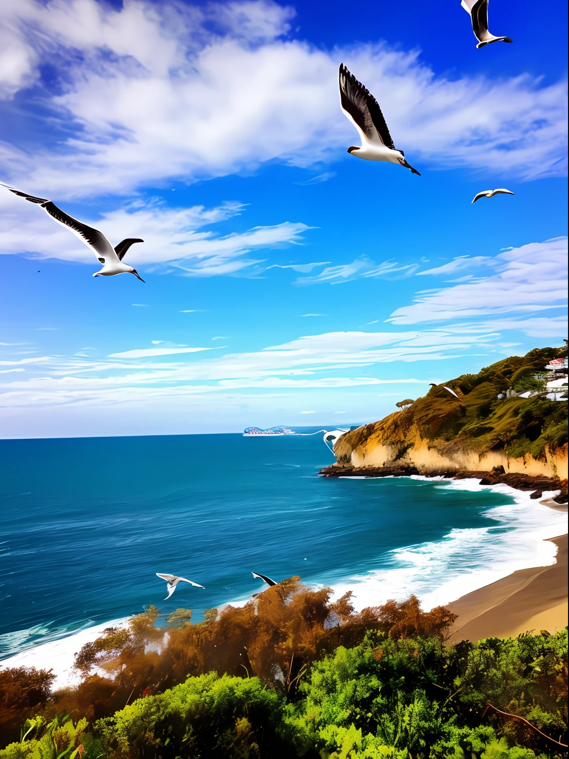 Um lindo dia de Sol e um lindo Navio esta passandoem alto mar, The day is beautiful, seagulls soaring in the sky, A wonderful sun illuminates the sky that is beautiful, feeling of peace and harmony, Cinematic and romantic setting, a paisagem lembra as ilhas Gregas.