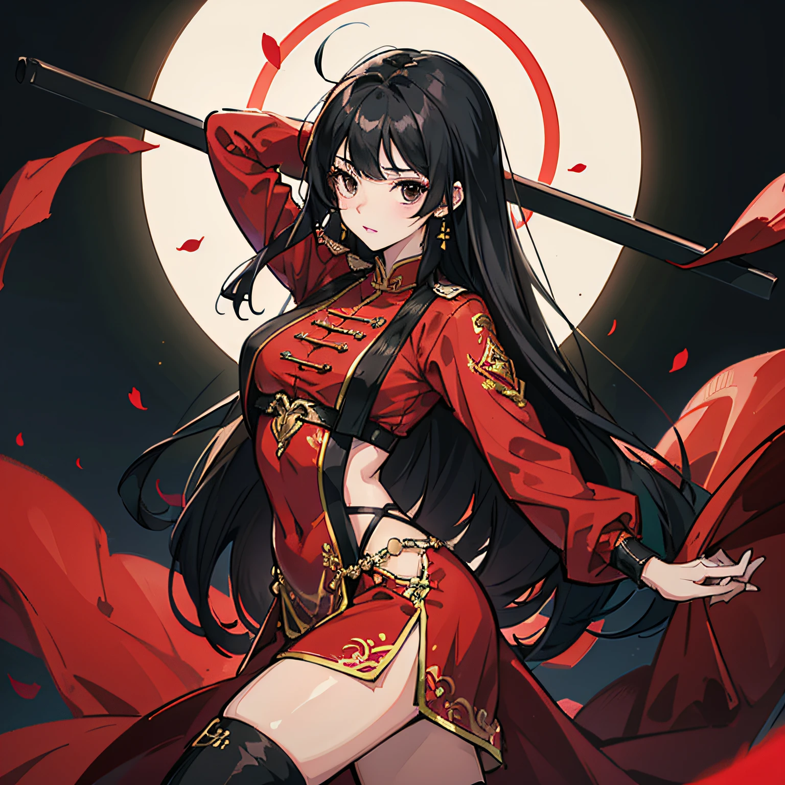 Six-blade service，long hair girl，black color hair，Red clothes，dancer outfit，Combat posture，Black eyes，4k高清 --auto