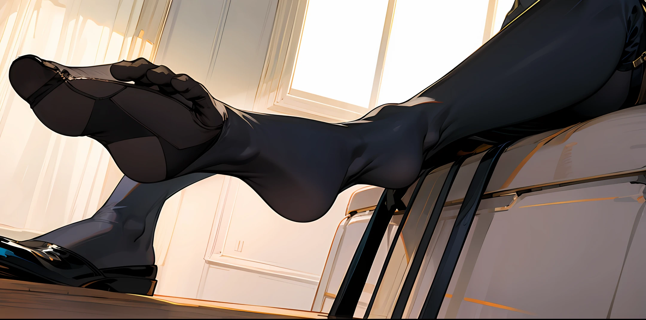 Black suspender stockings,Black translucent JK suit,cabelos preto e longos,Sitting on the bedside,Erlang legs,Close-up of the soles of the footsteps of the lens,