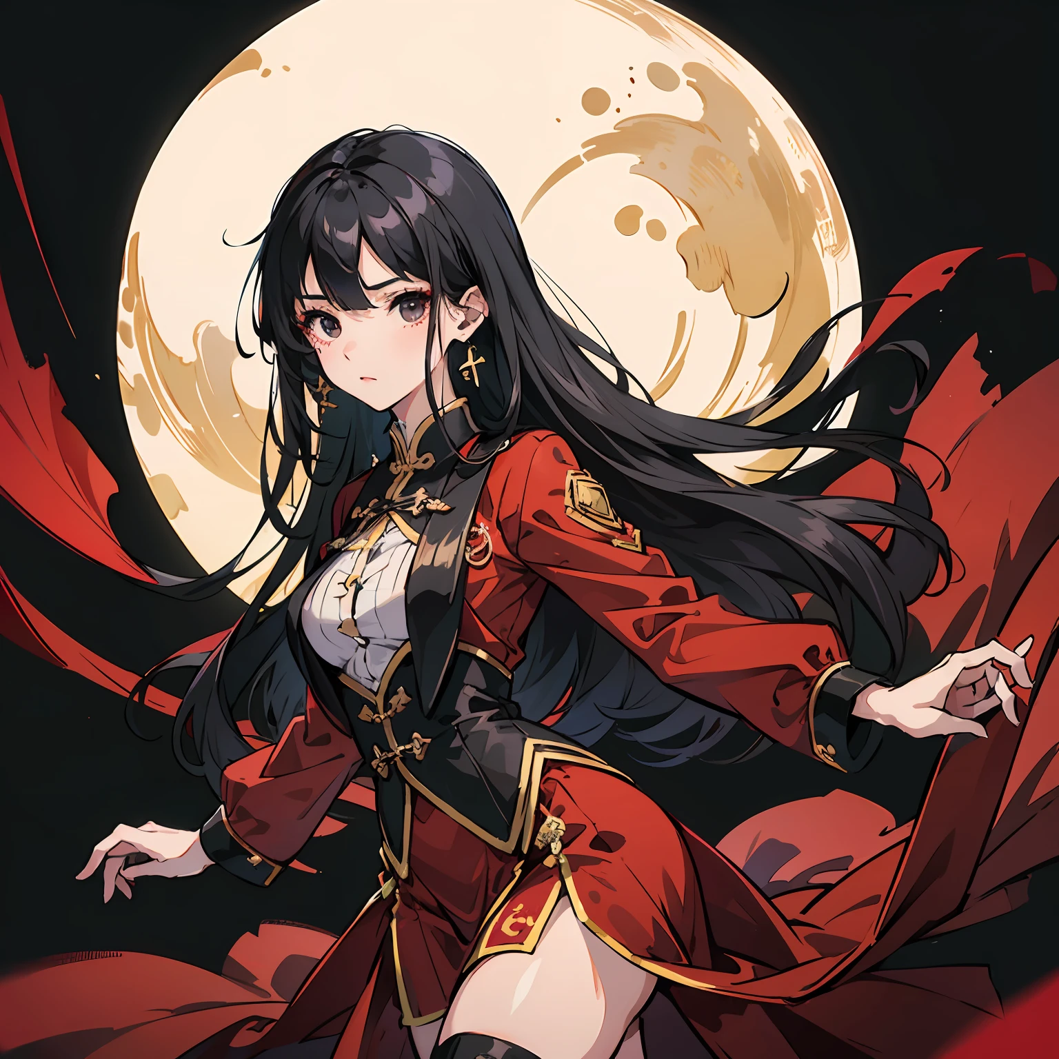 Six-blade service,long hair girl,black color hair,Red clothes,dancer outfit,Combat posture,Black eyes,4k高清 --auto