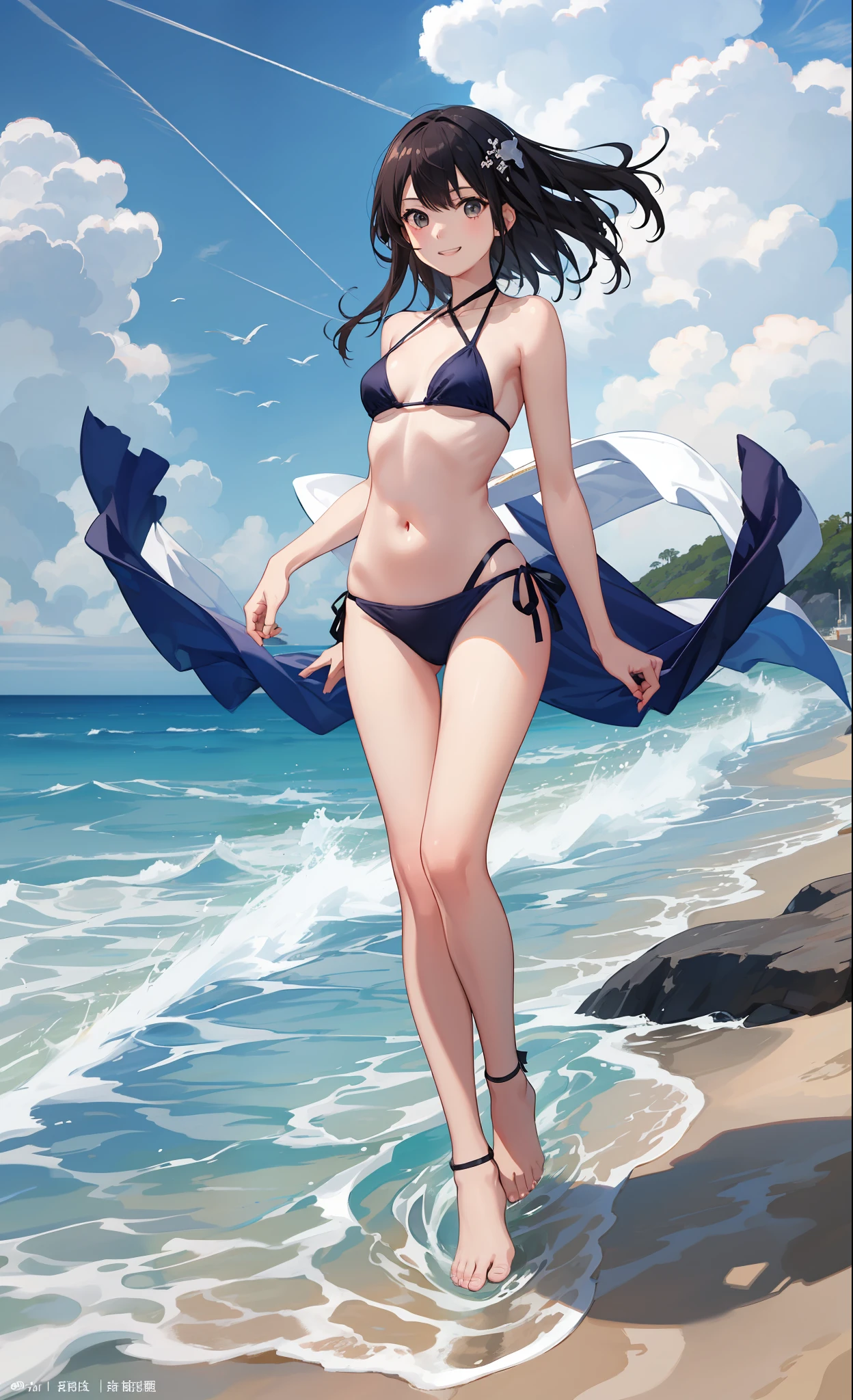 1girl in、A smile、（small tits）Chilarism、夏天、mare、sea bathing、（who has taken off her swimsuit）Artistically、art by、Beach、the wind、suns、Portrait from the knee up、