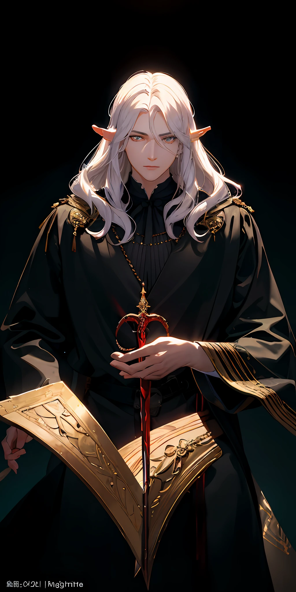 Golden eyes,white skinned。Look up。The upper part of the body。white color hair。Western aristocracy。Eyes resolute。femele。holding a large sword