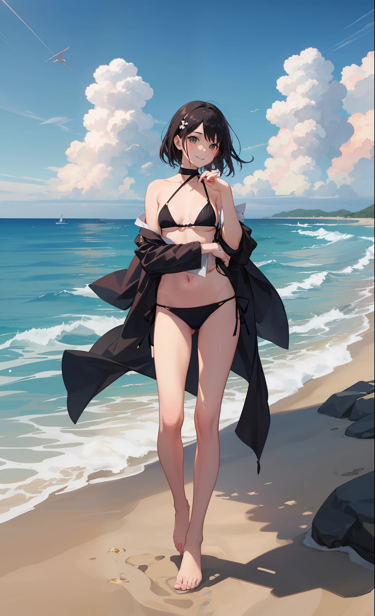 1girl in、A smile、（small tits）Chilarism、夏天、mare、sea bathing、（who has taken off her swimsuit）Artistically、art by、Beach、the wind、suns、Portrait from the knee up、