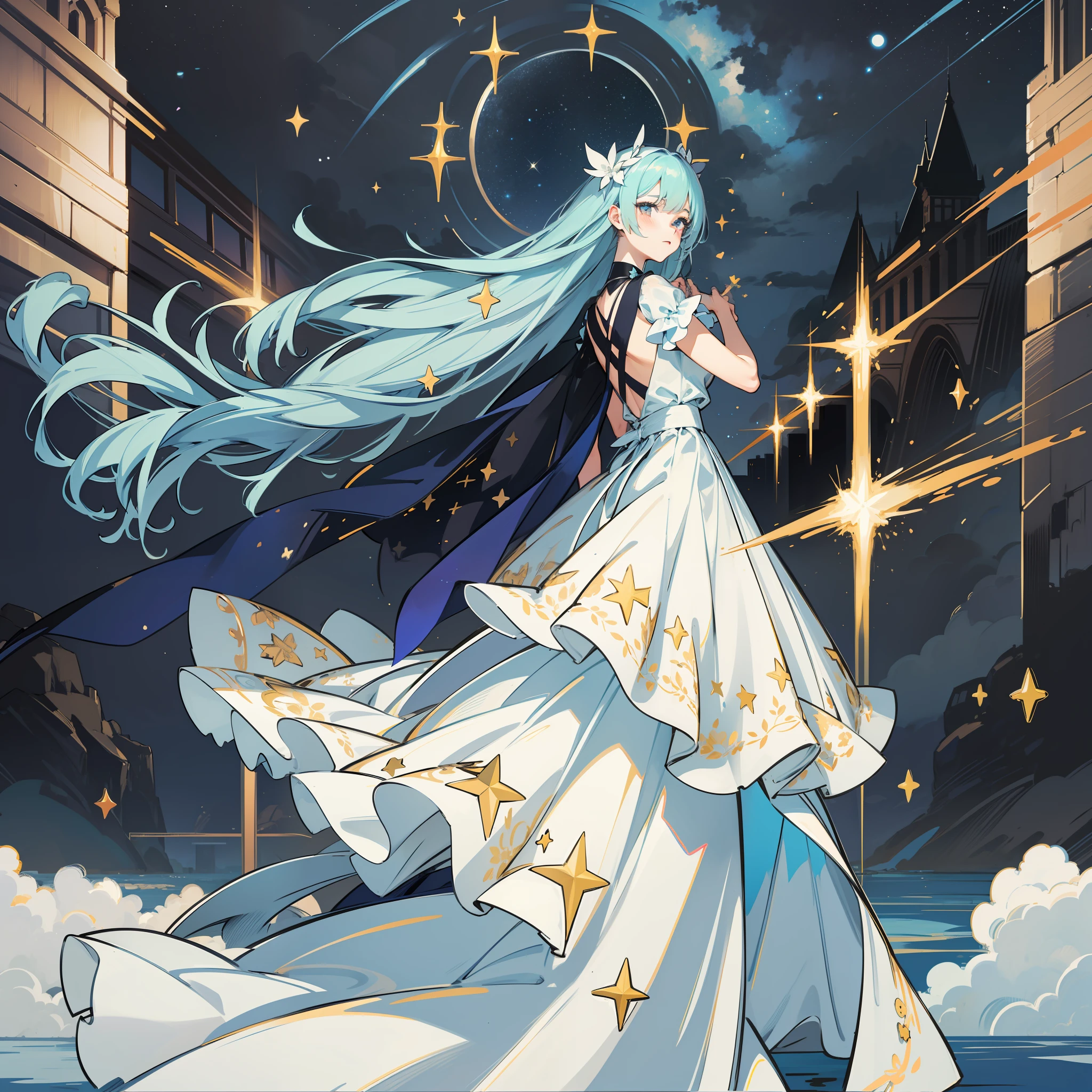 under the starry night sky,meteors,Girl standing,Back Shadow,The creek reflects the starry sky,Girl with long hair,whiteskirt,Hair flutters,delicated,the night,Hands close up