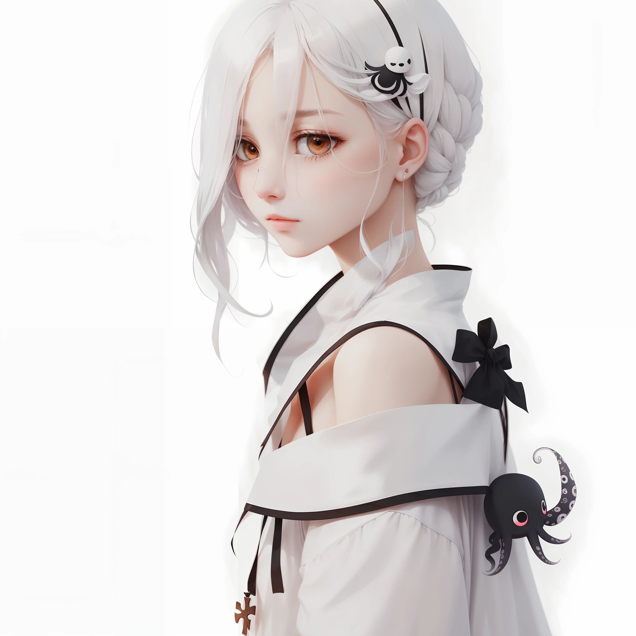 Long white hair,femele,adolable,There are dull hairs,One eye is bandaged,Black and white clothing,There is a cute octopus on the shoulder,An inverted cross hangs from his shoulders --auto