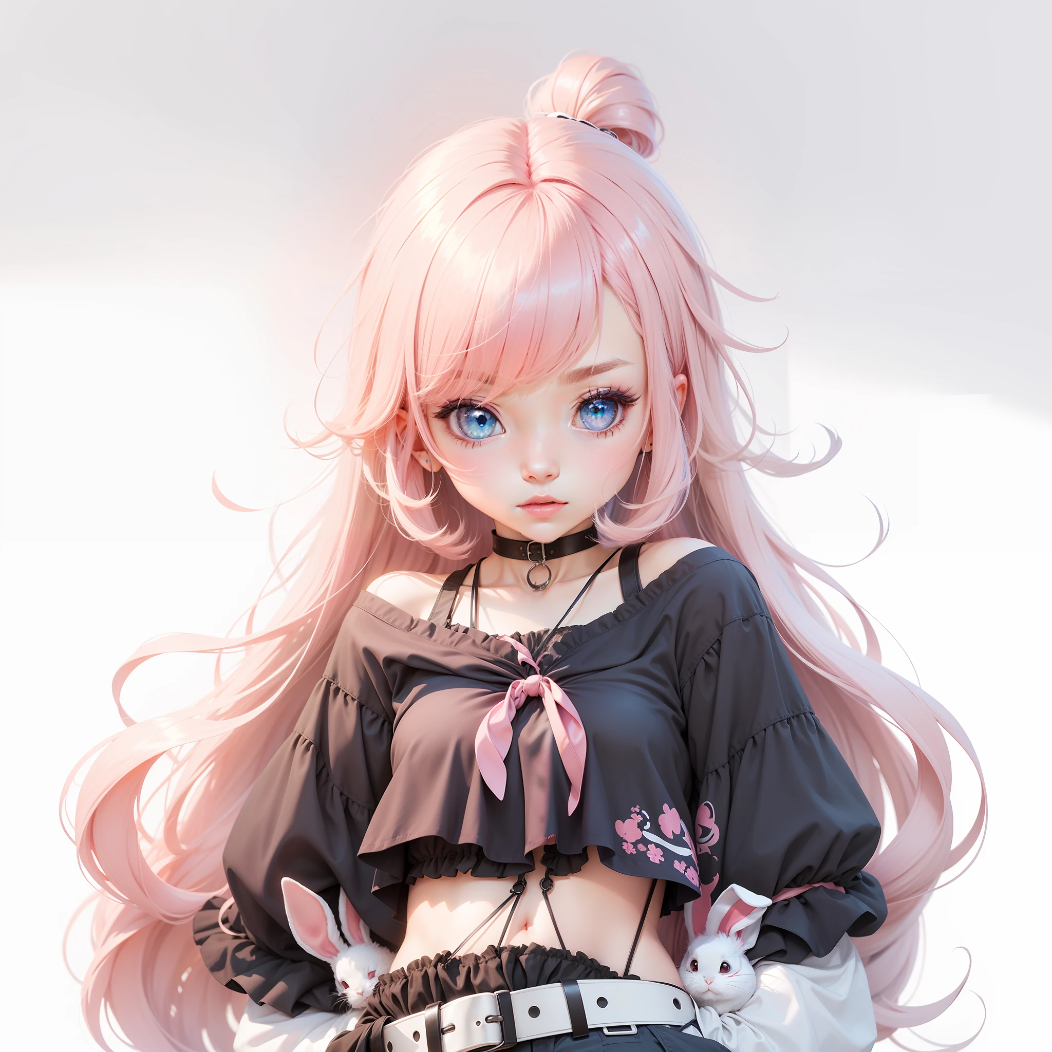A pink-haired,Anime style,Long hair and waist,b bust,Bluish-pink pupils,Bunny girl clothes