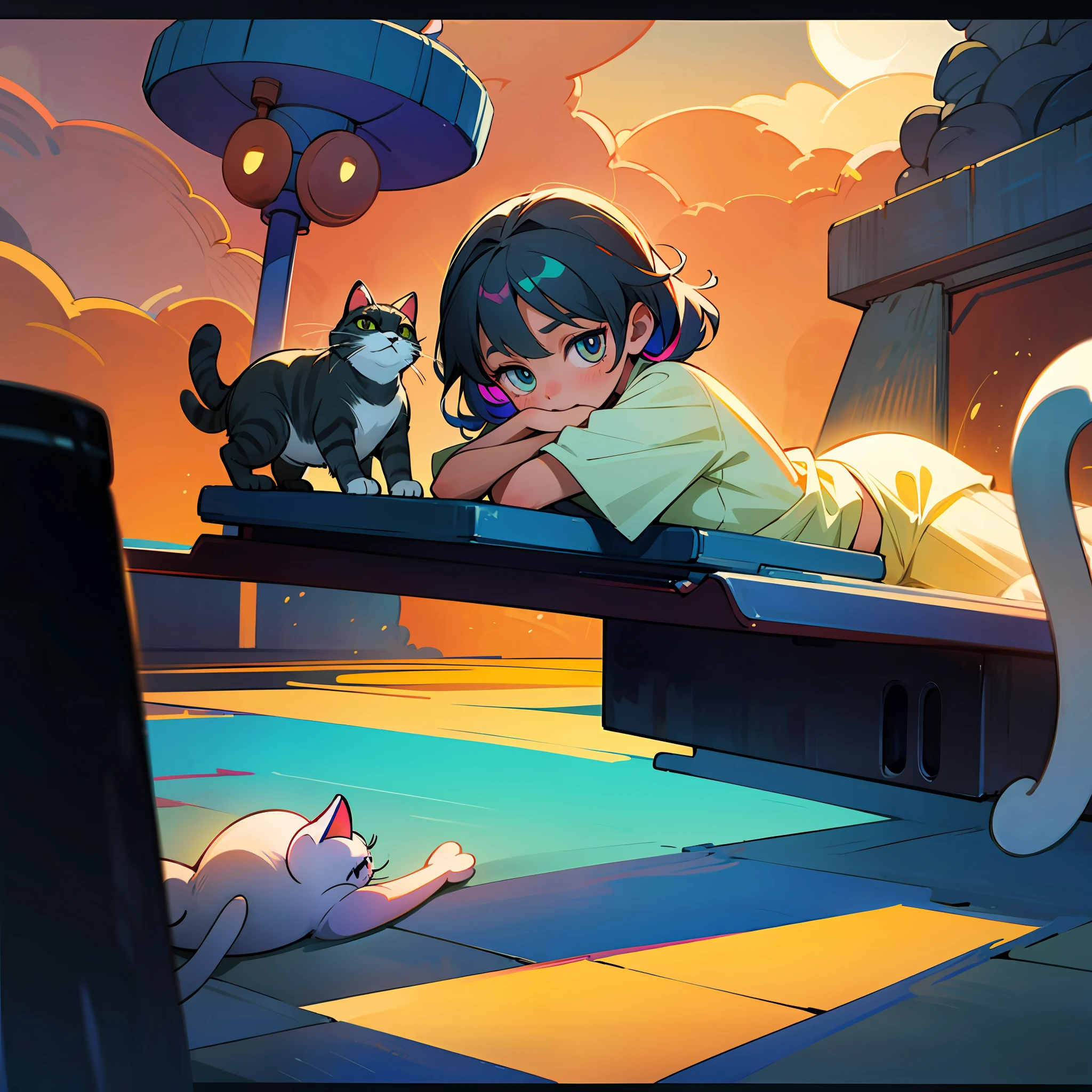 typhoon,suns,Colorful light,The girl in white stood,The cat is lying down, --auto