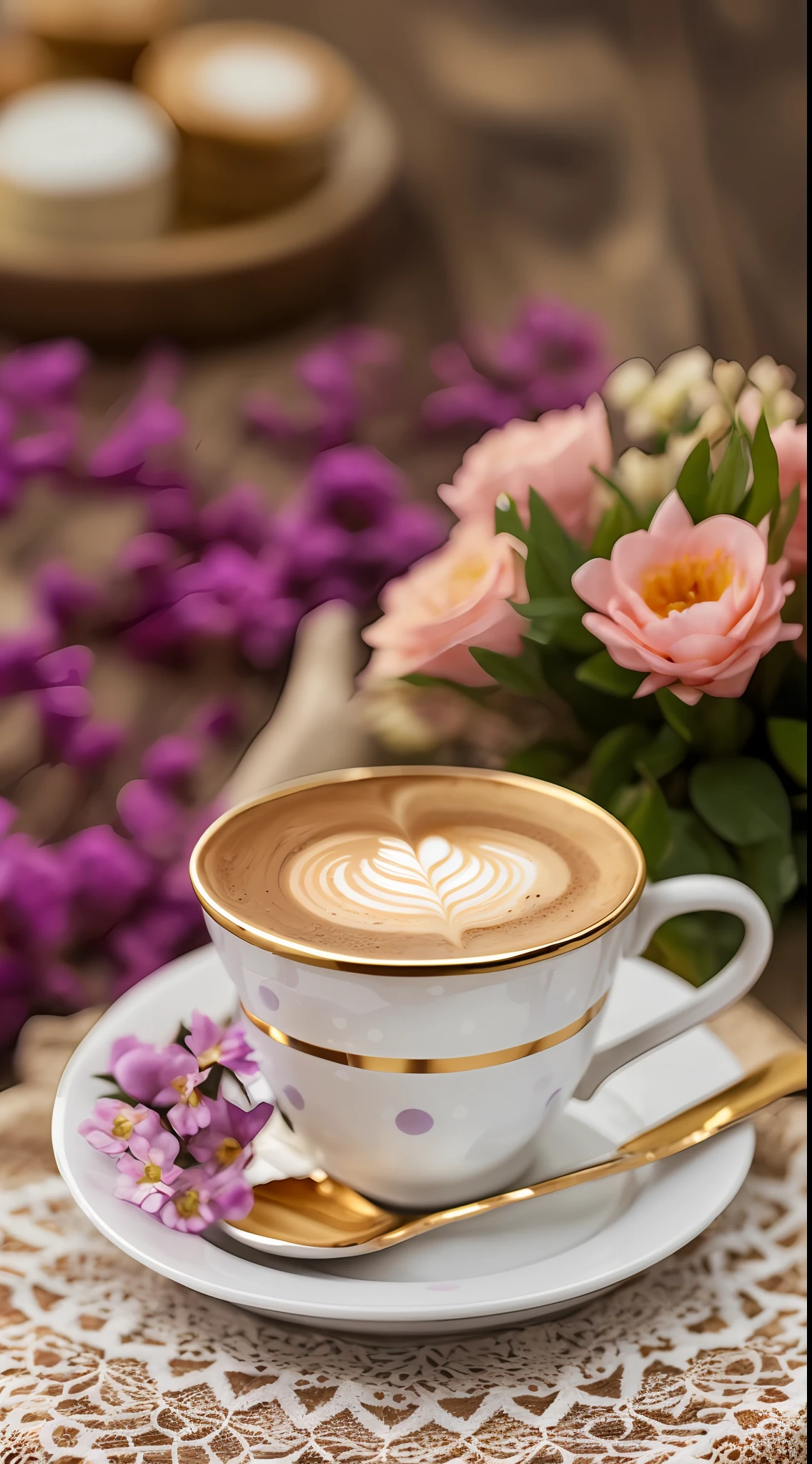 Coffee in a lovely gourmet cup,  Good morning, Estampados florales, Daytime lighting, Flowers, gracefulness, sugar, Coffee BeansPrint Flowers, Dessert, Lace, crystals,  golden lines, professional,  Realistic, Top quality, tmasterpiece, polka dot tablecloth, Full color, A pastry --auto --s2