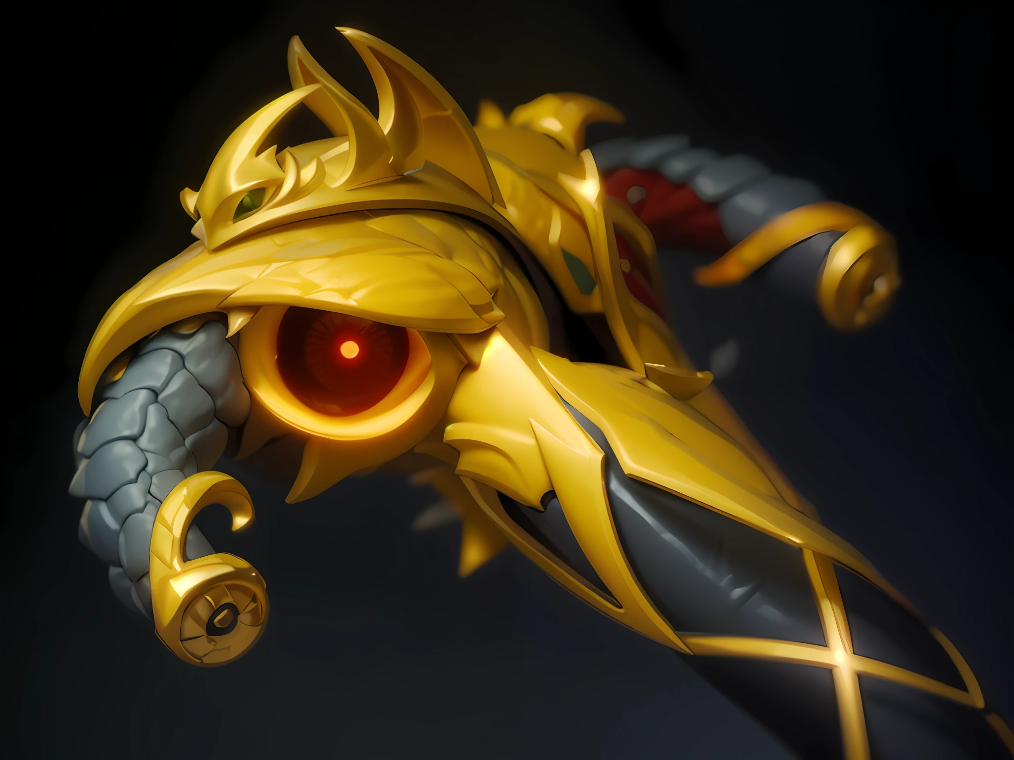 there is a close up of a statue of a dragon with a red eye, Ultra detail. Digital painting, 2 d concept art head macro shot, Fantasy Scythe, trending on polycount, artifact dota2, fantasy weapon, scythe design, epic fantasy weapon art, 4 K detail fantasy, painted in zbrush, rendered in keyshot, glowing draconic staff