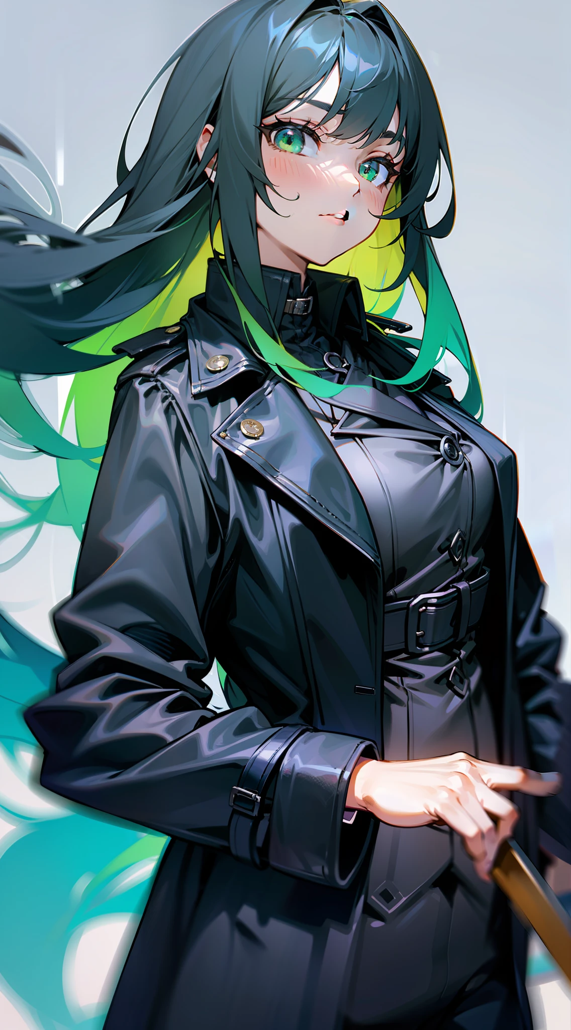 Blue long hair,Single horsetail,Green eyes,a black trench coat,black long pants,Black leather boots,Armed with a one-handed sword