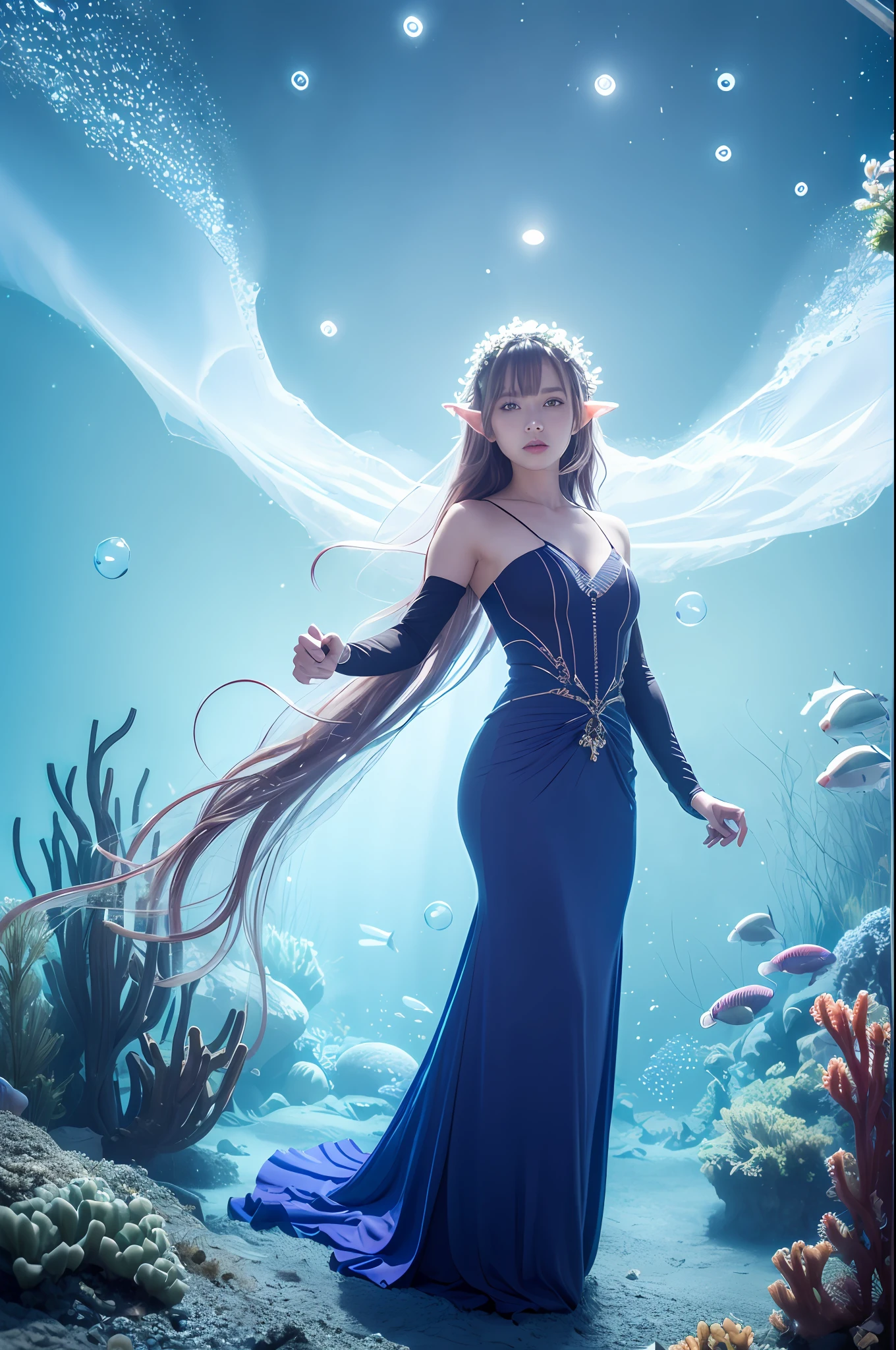 abyssal, underwater water, Underwater, Bubble, caged girl, elf, full body, in a panoramic view, underwater forest, Tyndall effect, Blue eyes, Long hair, hair is floating, Blue clothes, Blue dress, Blue dress, Transparent wings, jellyfish, seaweed, Fish, Moon