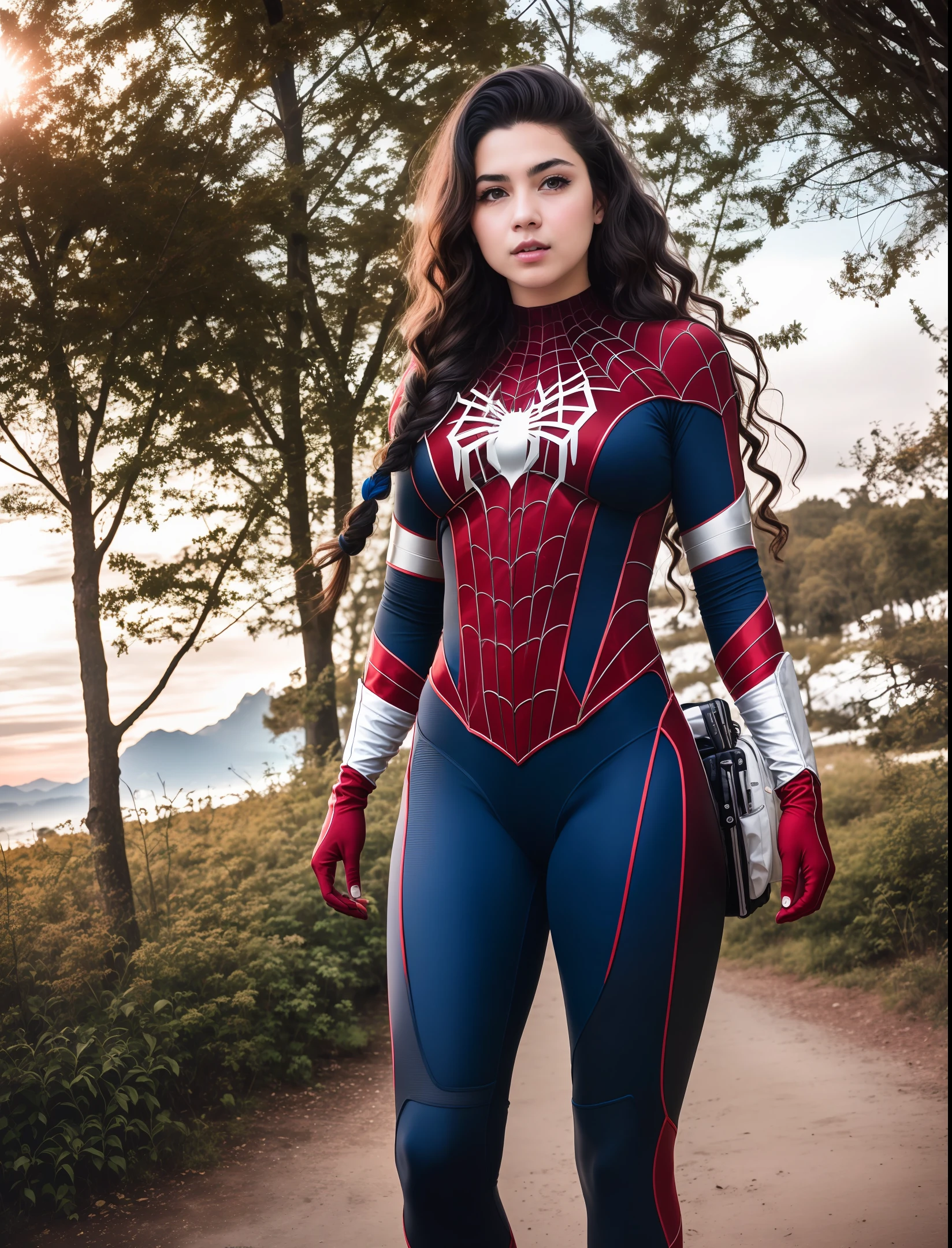 (wearing spiderwoman_cosplay_outfit:1.1), in front of the sky, (red and blue clothing: 1.3),
Good Hand, 4k, High Resolution, Masterpiece, Best Quality, Head: 1.3, ((Hasselblad Photography)) RAW Photo, (Realistic: 1.37, Realistic), Highly Detailed CG Unified 8K Wallpaper, 1 Girl, Gray Blue Side Braids ((Thick Body: 0.8)), (Breasts: 1.6), Looking at the Viewer, (((Direct from the Front))), (HQ Skin: 1.2, Shiny Skin), 8K Ultra HD, DSLR Camera, Soft Lighting, High Quality, Film Grain, Fujifilm XT3, (Full body: 0.9) (Professional lighting: 1.6) ,