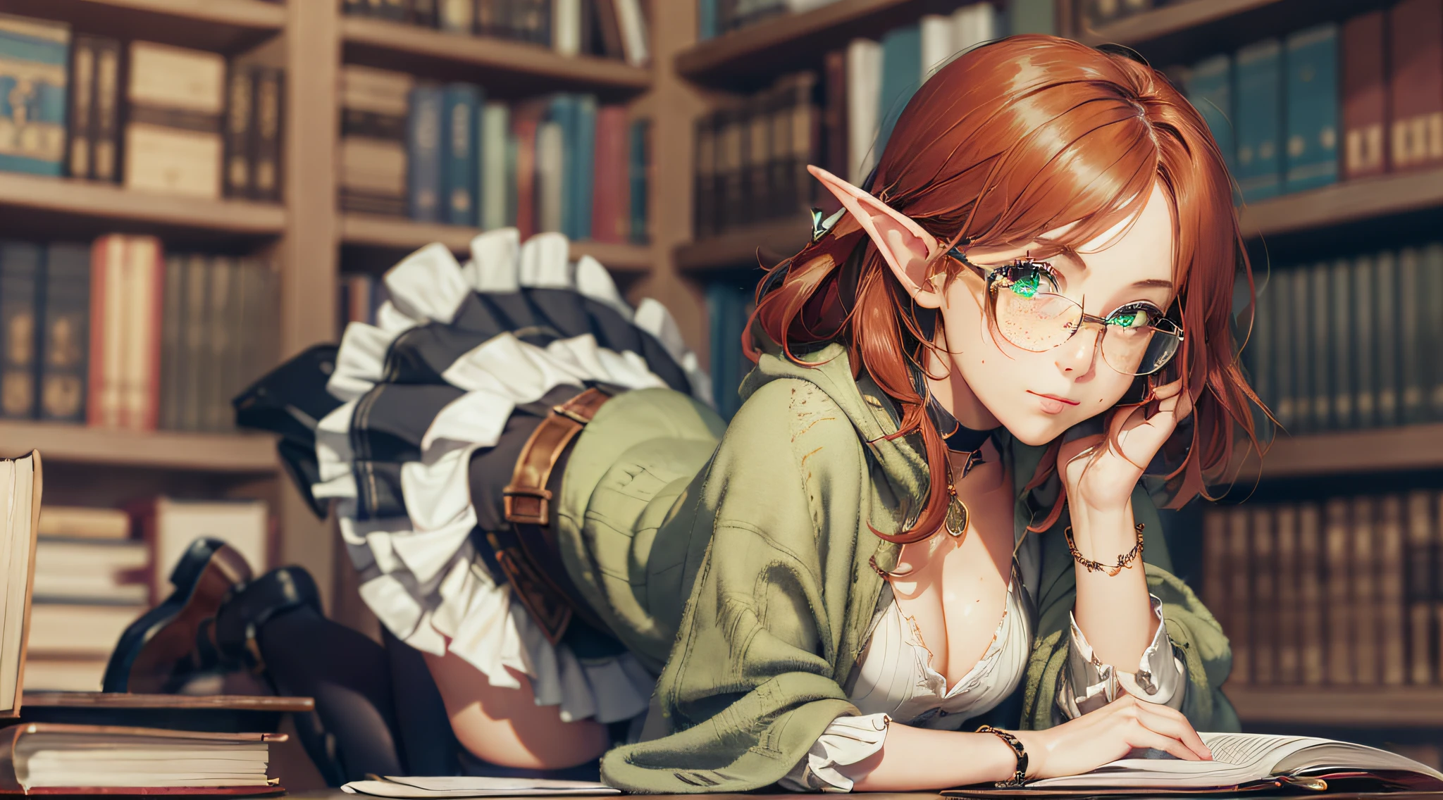 absurdres, highres, ultra detailed, (1girl:1.3), (((perfect hands))), ultra high res, nsfw, elf, 1girl, medium hair medium breasts, red hair, ahoge, green eyes, freckles, glasses, shy, blushing, choker, gloves, blouse, open cloak, short skirt, frilled skirt, striped panties under skirt, belt, belt pouch, book on hip, knee boots, stockings, wizard long_Staff in hands, full body, magic, cinematic, bent over desk, looking over shoulder, looking at viewer, magic circle, library background, casting spell, colorful, no mistakes, well detailed, extremely well done, eyes well drawn, eyes well made, face well drawn, ((no art error))