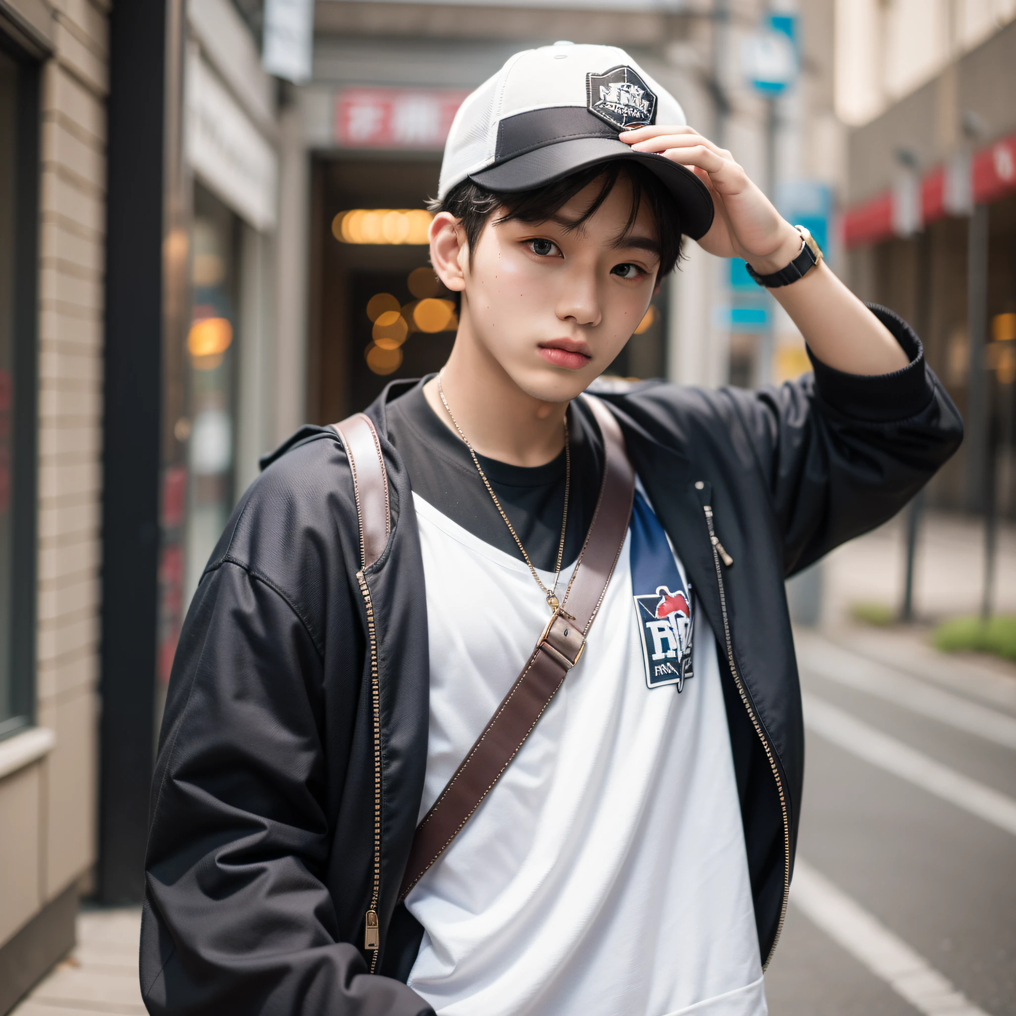 A very handsome 20-year-old boy,Wear hip-hop style clothes,Carrying a school bag,upper body photos