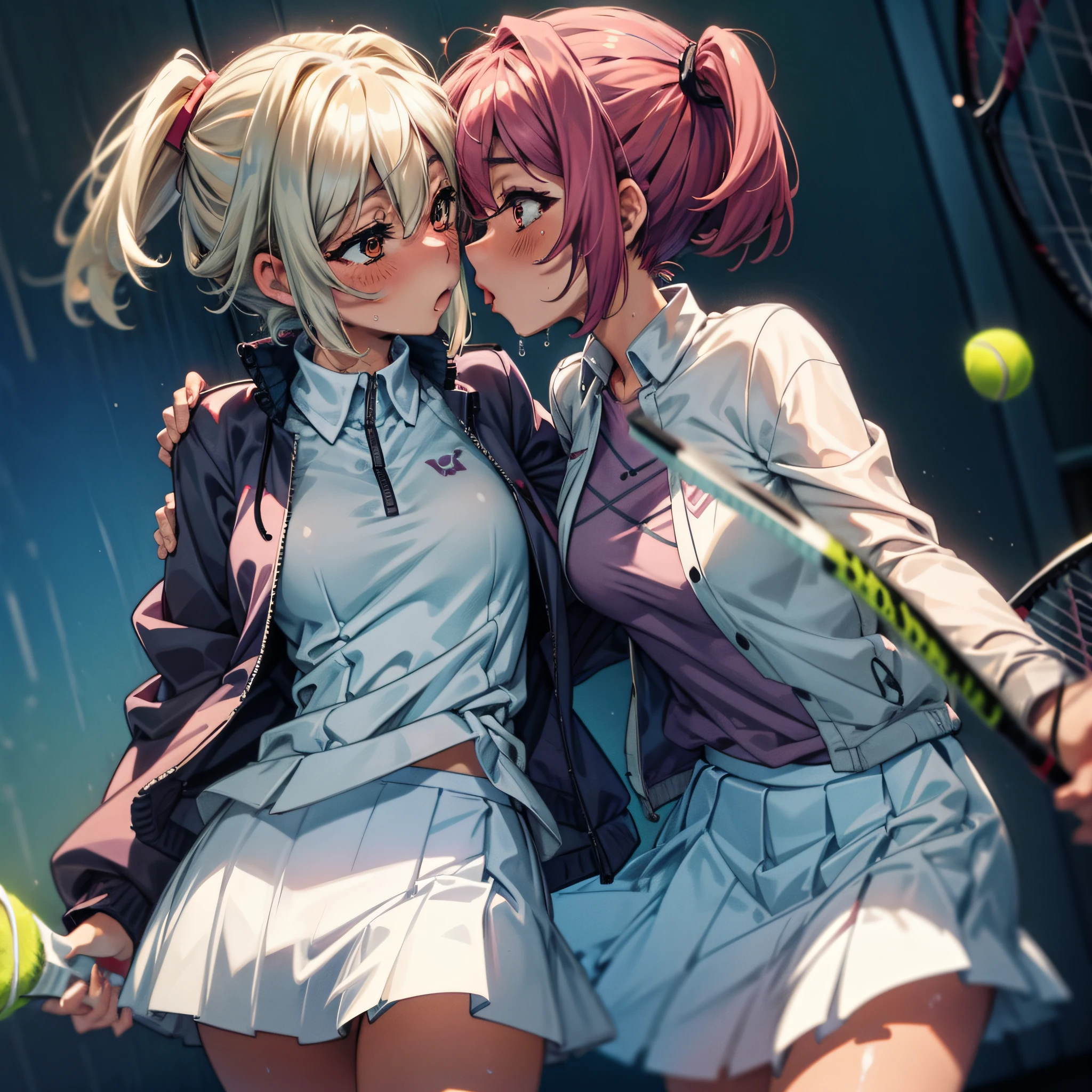 tennis coat、obscenity:1,2、Metamorphosis:1,2、NSFW:1,2、Lesbian Mika:1,2、Grabbing each other's buttocks、the kiss、涎、tongue、red blush、Wet tennis uniform、tre anatomically correct