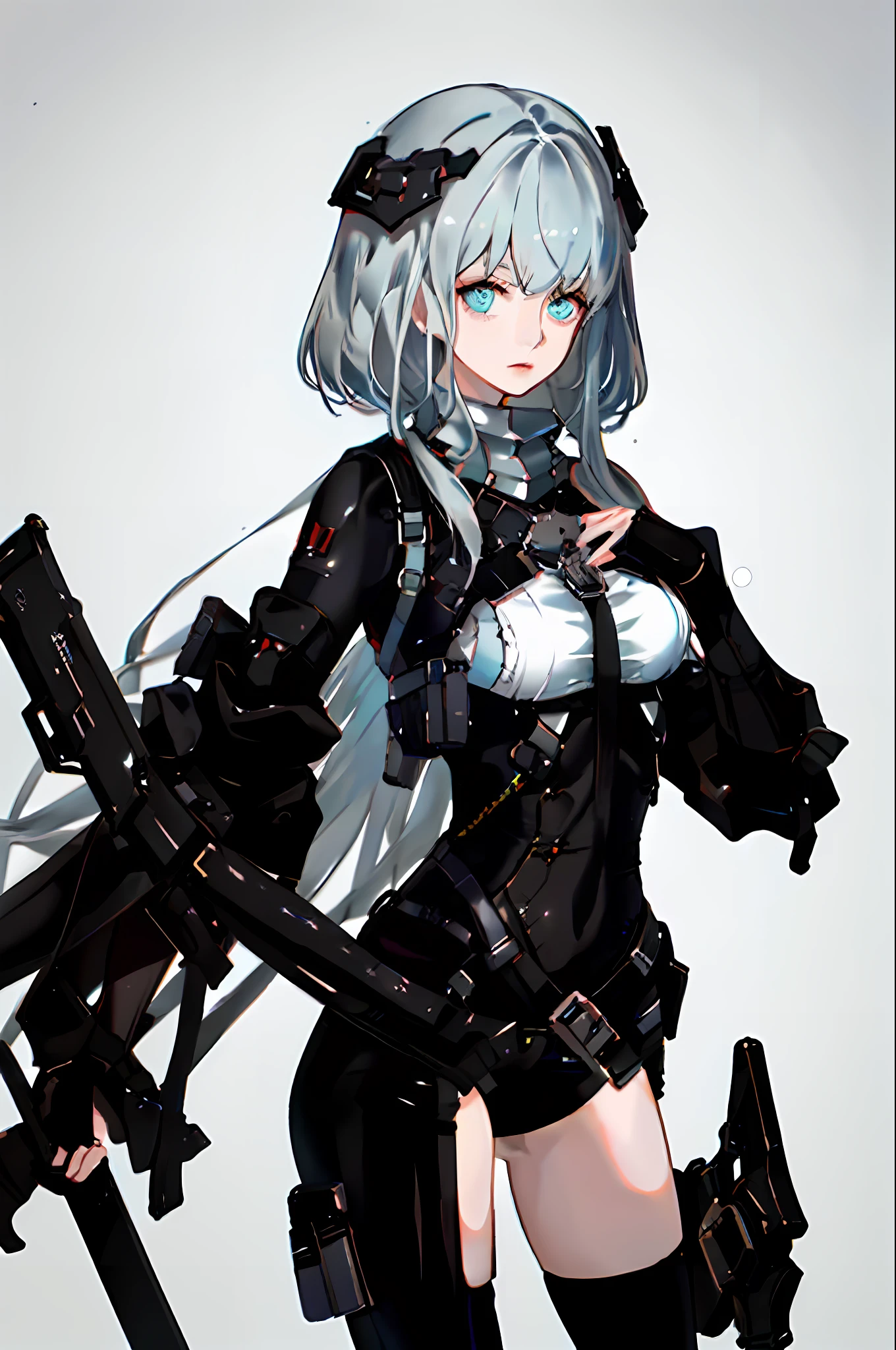 tmasterpiece，Best light and shadow，intricately details，1girll，独奏，whaite hair，The long-haired，Armour，Exposing thighs，Machinary，solid color backdrop，grey wall，earnestly，looking at viewert，submachine gun