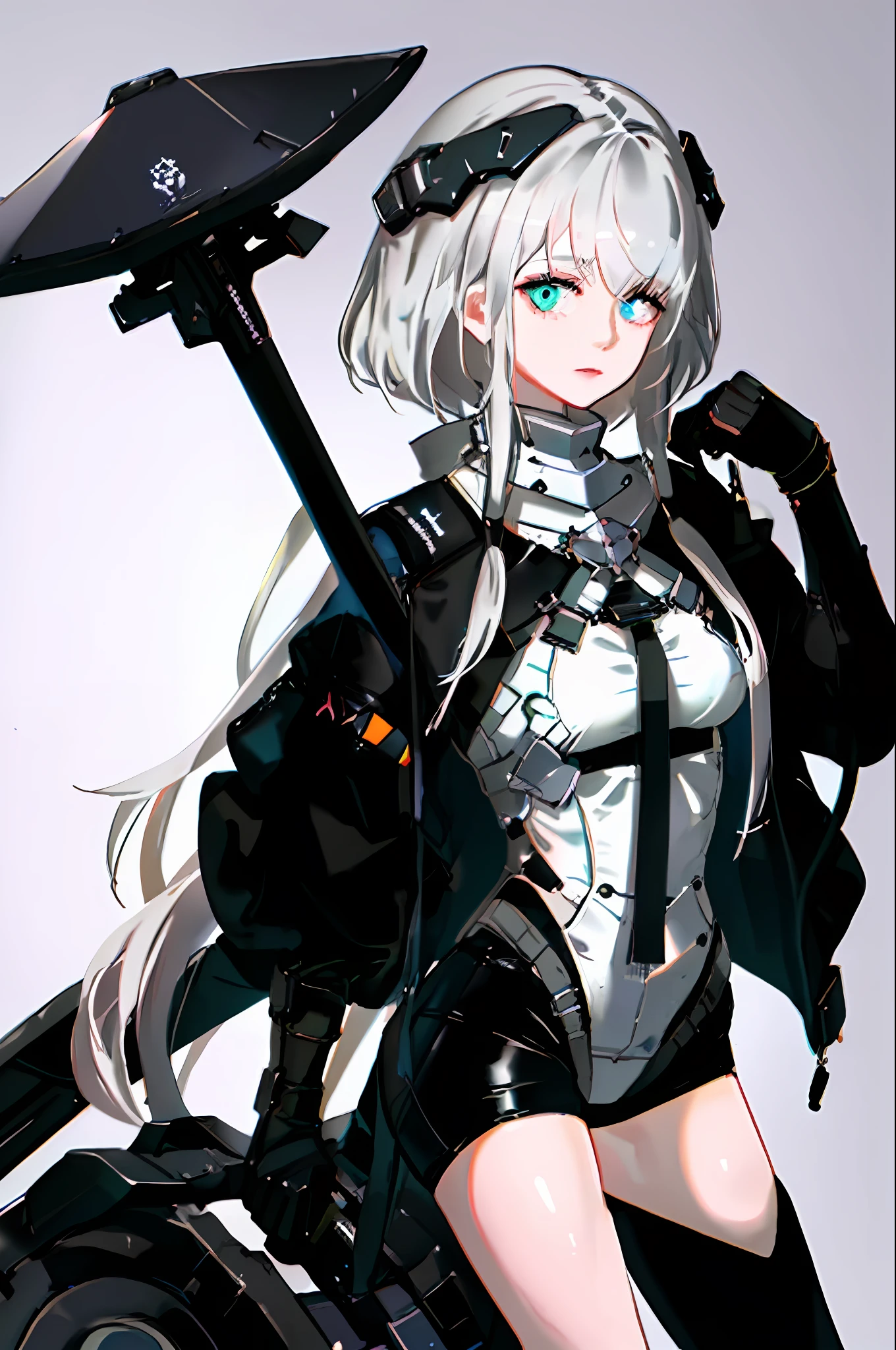 tmasterpiece，Best light and shadow，intricately details，1girll，独奏，whaite hair，The long-haired，Armour，Exposing thighs，Machinary，solid color backdrop，grey wall，earnestly，looking at viewert，submachine gun