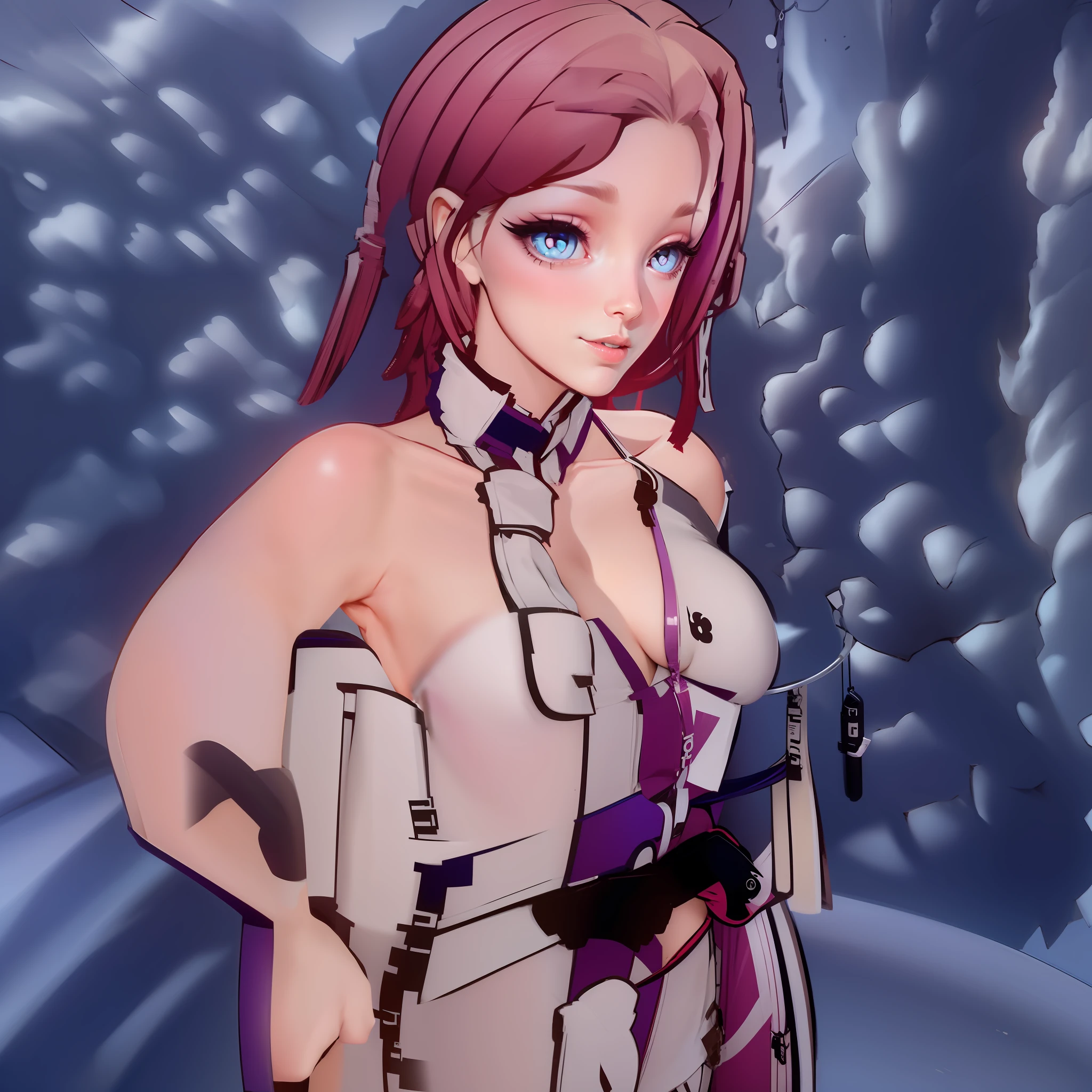 white color hair，Red eyes，without wearing shoes，full bodyesbian，lovly，Lori huge breasts cleavage