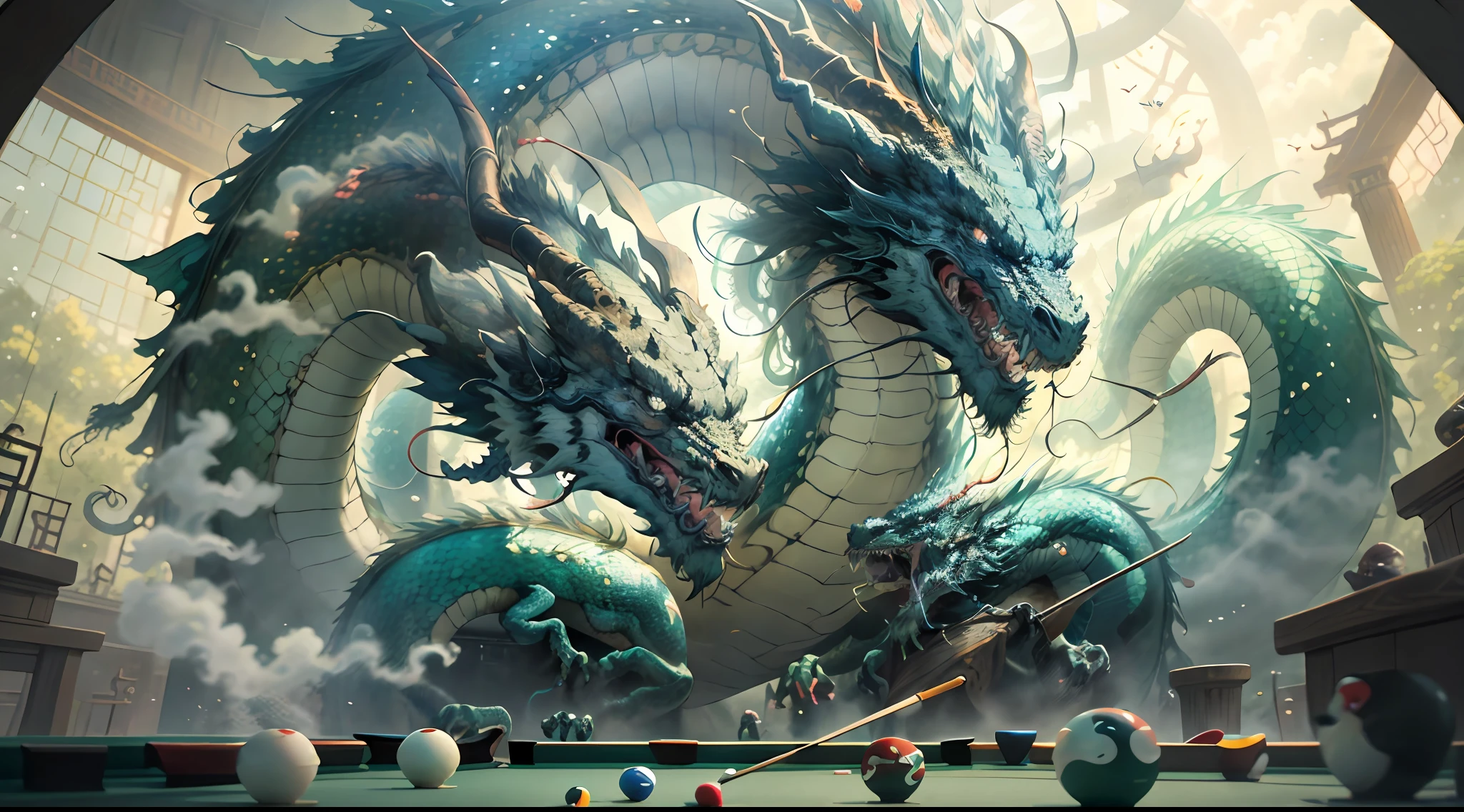 There are two Chinese dragons in the picture，They are playing billiards。large panorama，A slight top-down perspective，One of the dragons has a longer body，The head is heavily depicted，The other dragon has a shorter body，There is a pair of winglets。You can add some palace-like backgrounds to the picture，to strengthen the Chinese style，Dragons that show ancient and rich cultural characteristics。The lighting is dominated by warm colors，to enhance the mystery and atmosphere of the scene。#chinesedragon #classical #billiards