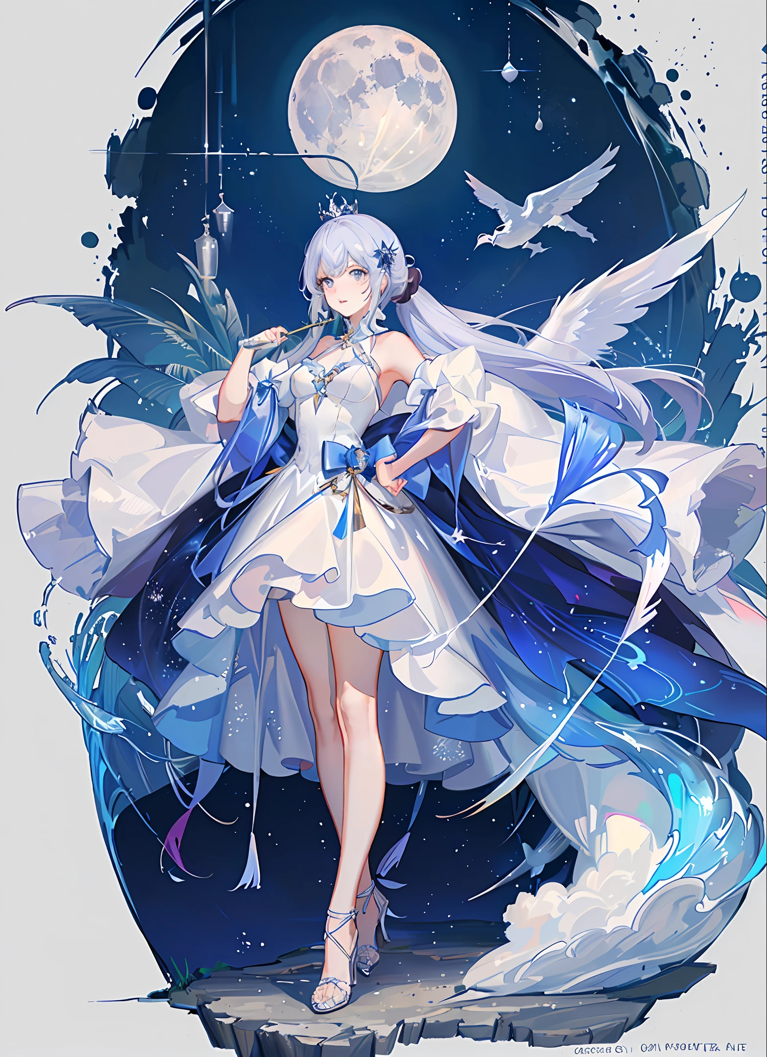 Royal sister,wings,With a crown,Take the scepter,white scrunchie,high and cold,themoon,a unicorn,Long blue and white dress,Blue-white eyes,Silver-white high heels