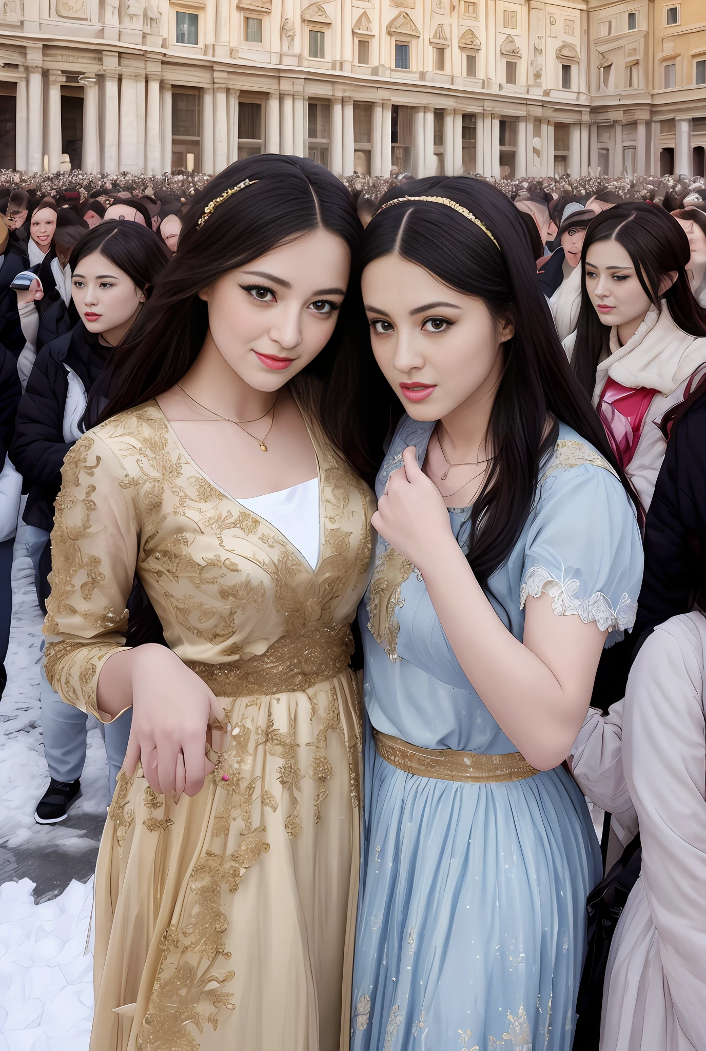 (masterpiece, best quality, realistic),
2girls,(on the St. Peter's Square of Vatican,crowd),winter,snowy, gypsy dress,(princess eyes,shiny pupils),dancing, intricate dress, gold, gypsy person, banquet, crowd, picking up skirt,pale skin,
[slight smile],