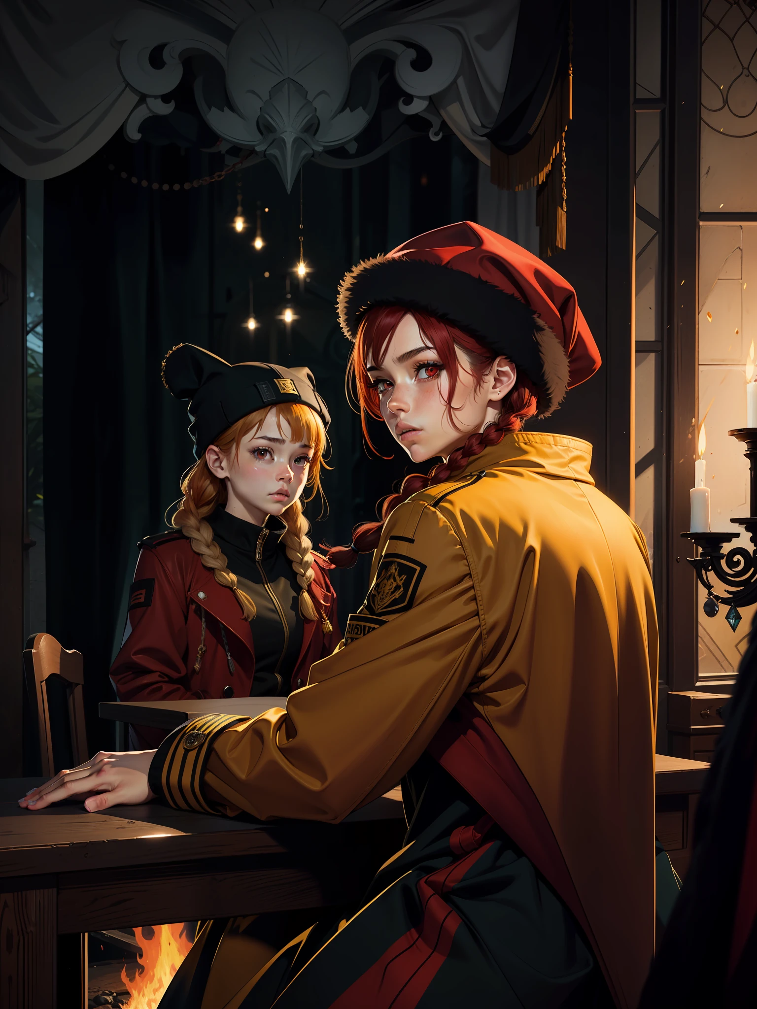 Need,tmasterpiece,redheadwear,Red eyes,Yellow coat,Overlooking,The upper part of the body,Hairline,Fair skin,SideBraid,A house that burns a little behind him,Looking at you,Facing you,No hats