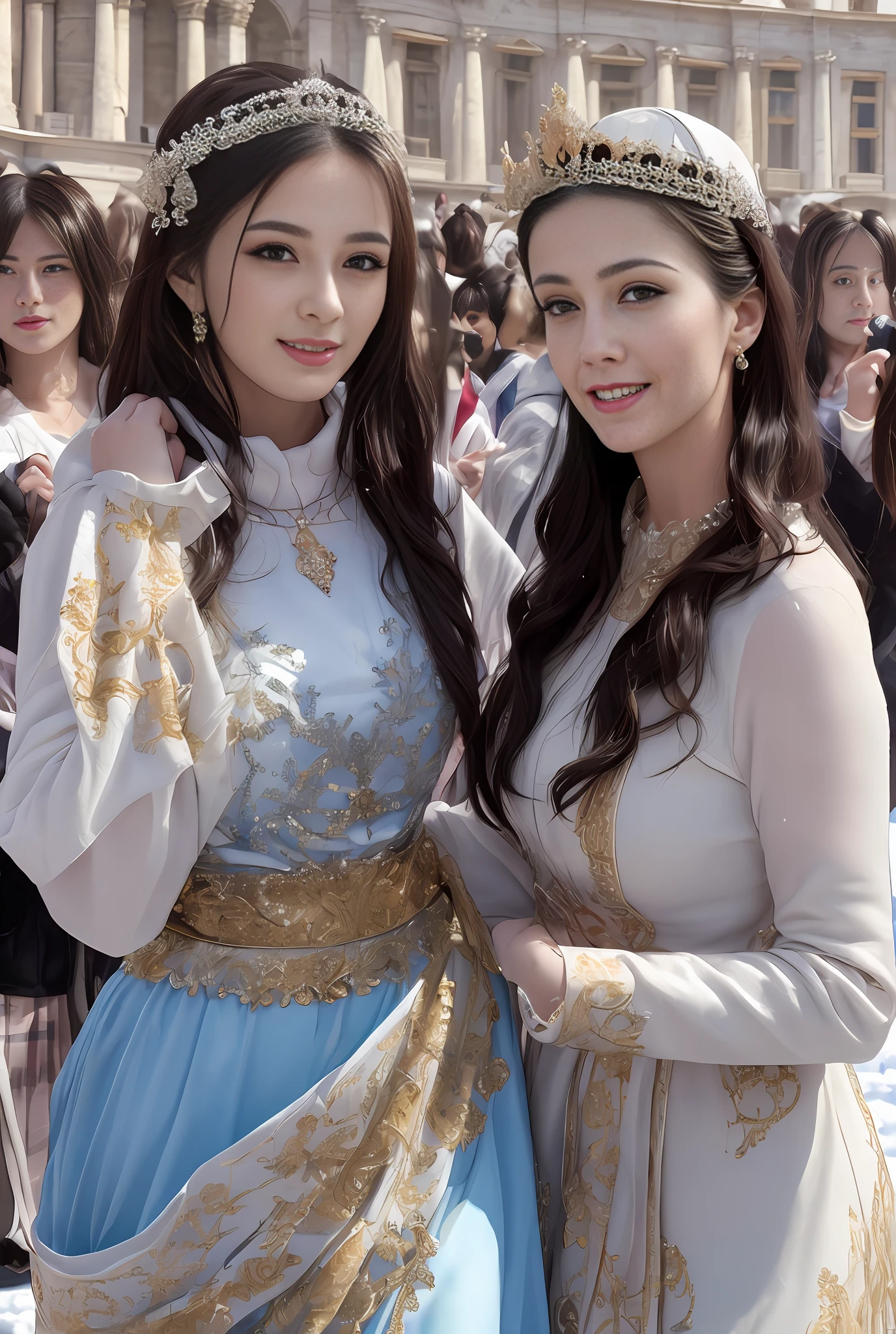 (masterpiece, best quality, realistic),
2girls,(on the St. Peter's Square of Vatican,crowd),winter,snowy, gypsy dress,(princess eyes,shiny pupils),dancing, intricate dress, gold, gypsy person, banquet, crowd, picking up skirt,pale skin,
[slight smile],