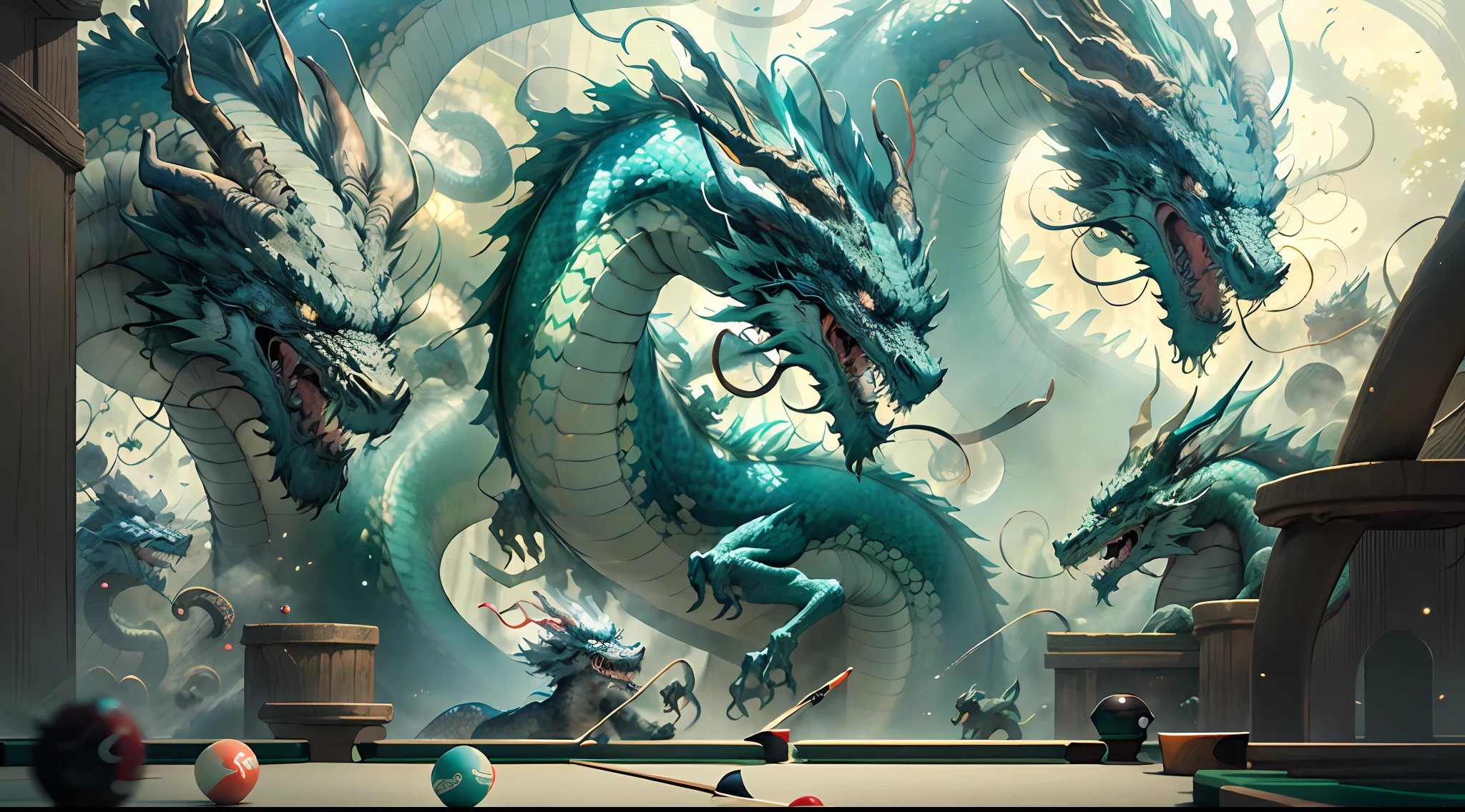 There are two Chinese dragons in the picture,They are playing billiards。One of the dragons has a longer body,The head is heavily depicted,The other dragon has a shorter body,There is a pair of winglets。You can add some palace-like backgrounds to the picture,to strengthen the Chinese style,Dragons that show ancient and rich cultural characteristics。The lighting is dominated by warm colors,to enhance the mystery and atmosphere of the scene。#chinesedragon #classical #billiards