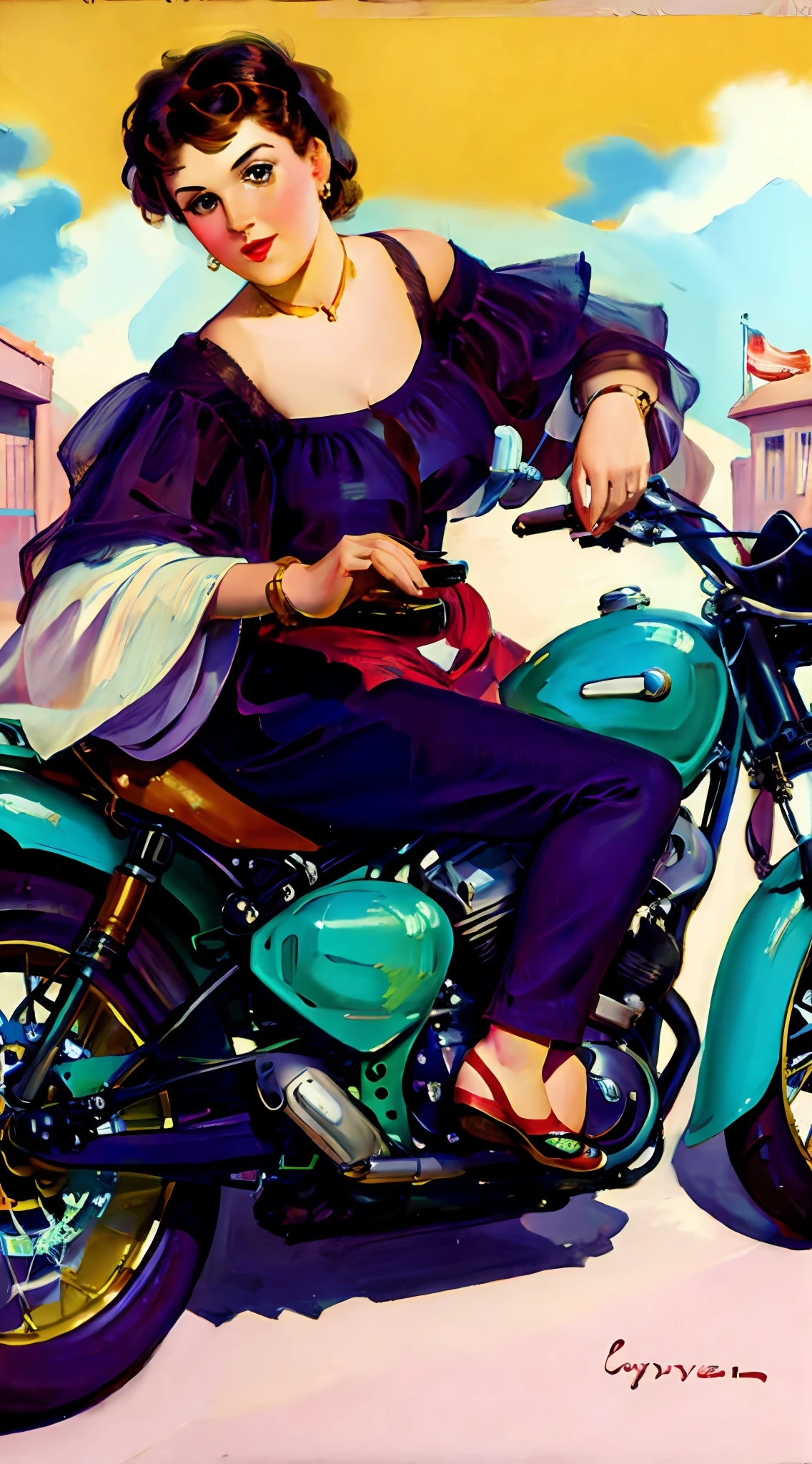 a painting advertisement of a woman sitting on a motorcycle with a sky background, cleavage, hyperrealistic art nouveau, alphonse mucha style, art nuveau, in art nouveau style, mucha style 4k, mucha. art nouveau. gloomhaven, mucha style, modern art noveau, artem demura alphonse mucha, alsphonse mucha, correct hands, correct motorcycle