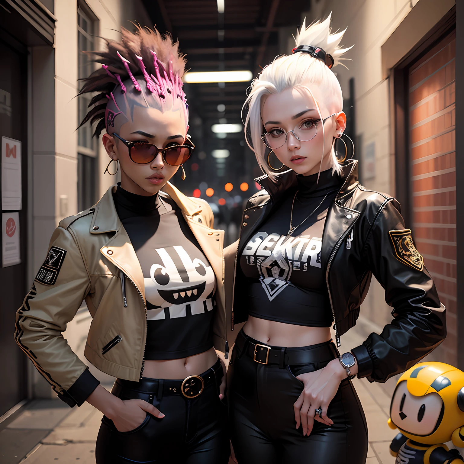 punk。Bomberman, urbane, Mohican, Lunette de soleil, Black shirt jacket white vest, trousers, With a bomb on the waist, Slender face Best quality, mohawk, heart-shaped eyewear, amber eyes, earrings, crazy, Renaissance, god rays, afterimage, cowboy shot, f/2.8 --auto