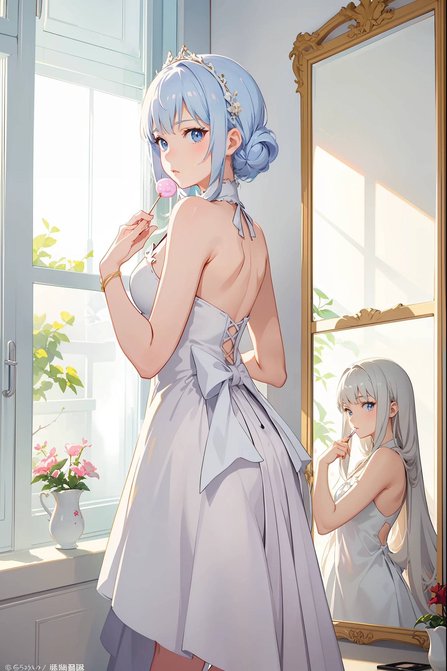 anime girl in a white dress looking at a mirror, Guviz-style artwork, Guviz, guweiz masterpiece, drawn in anime painter studio, made with anime painter studio, Porcelain skin. by Ghibli Studio, Guweiz in Pixiv ArtStation, Guweiz on ArtStation Pixiv, lollipop, Today's featured anime stills