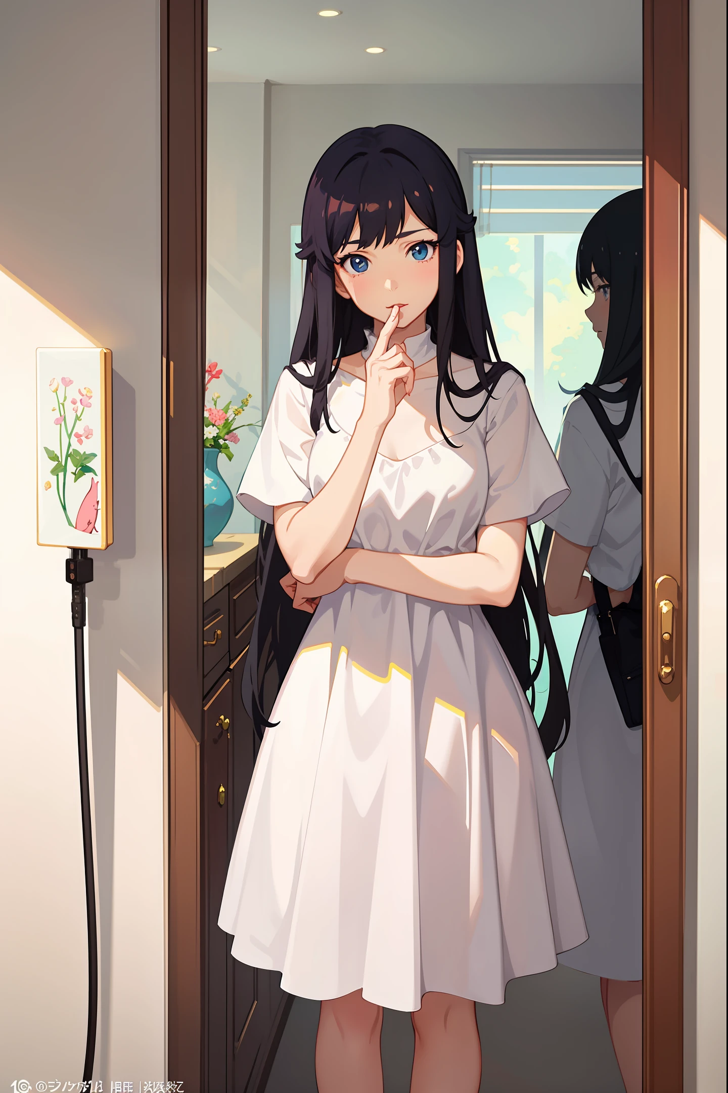 anime girl in a white dress looking at a mirror, Guviz-style artwork, Guviz, guweiz masterpiece, drawn in anime painter studio, made with anime painter studio, Porcelain skin. by Ghibli Studio, Guweiz in Pixiv ArtStation, Guweiz on ArtStation Pixiv, lollipop, Today's featured anime stills