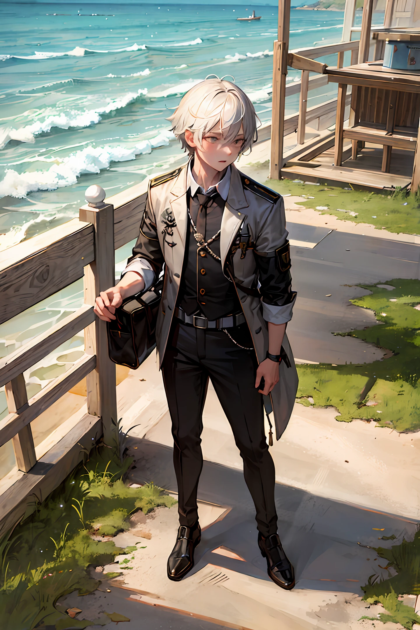 Gray-haired Shota,exteriors,torn outfit,Morning,Woods edge,Confused eyes