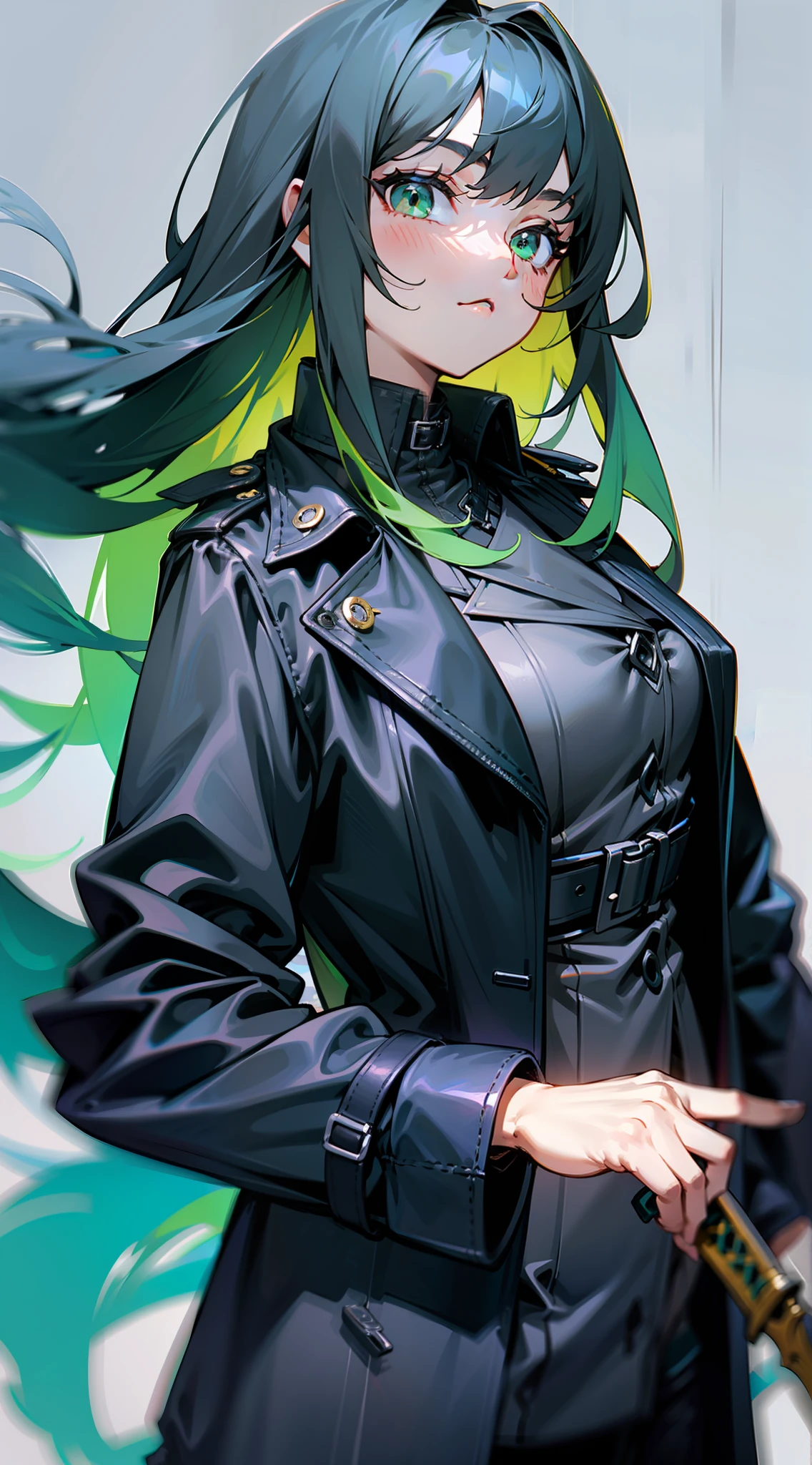 Blue long hair,Single horsetail,Green eyes,a black trench coat,black long pants,Black leather boots,Armed with a one-handed sword