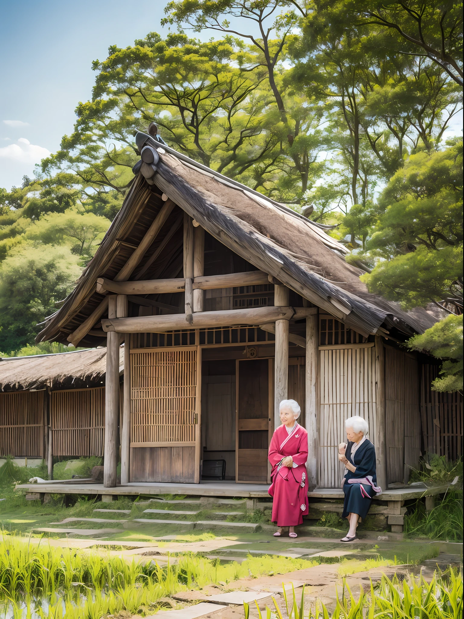​masterpiece、top-quality、1人の女性、Grandma、old women、70yo、japanes、Rice field background