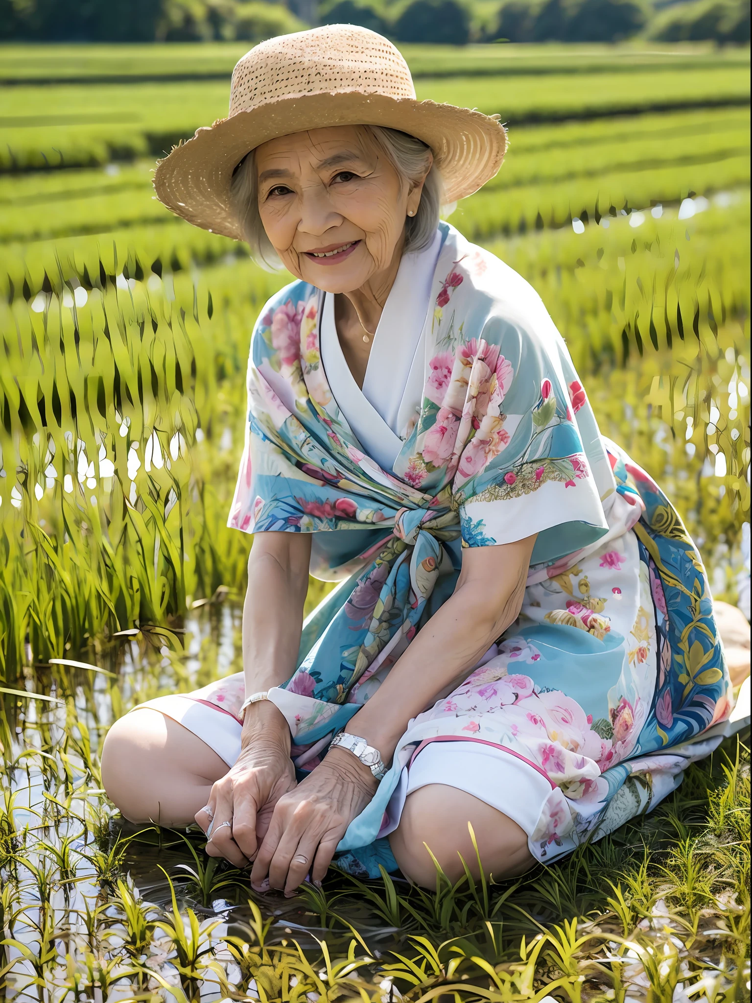 ​masterpiece、top-quality、1人の女性、Grandma、old women、70yo、japanes、Rice field background