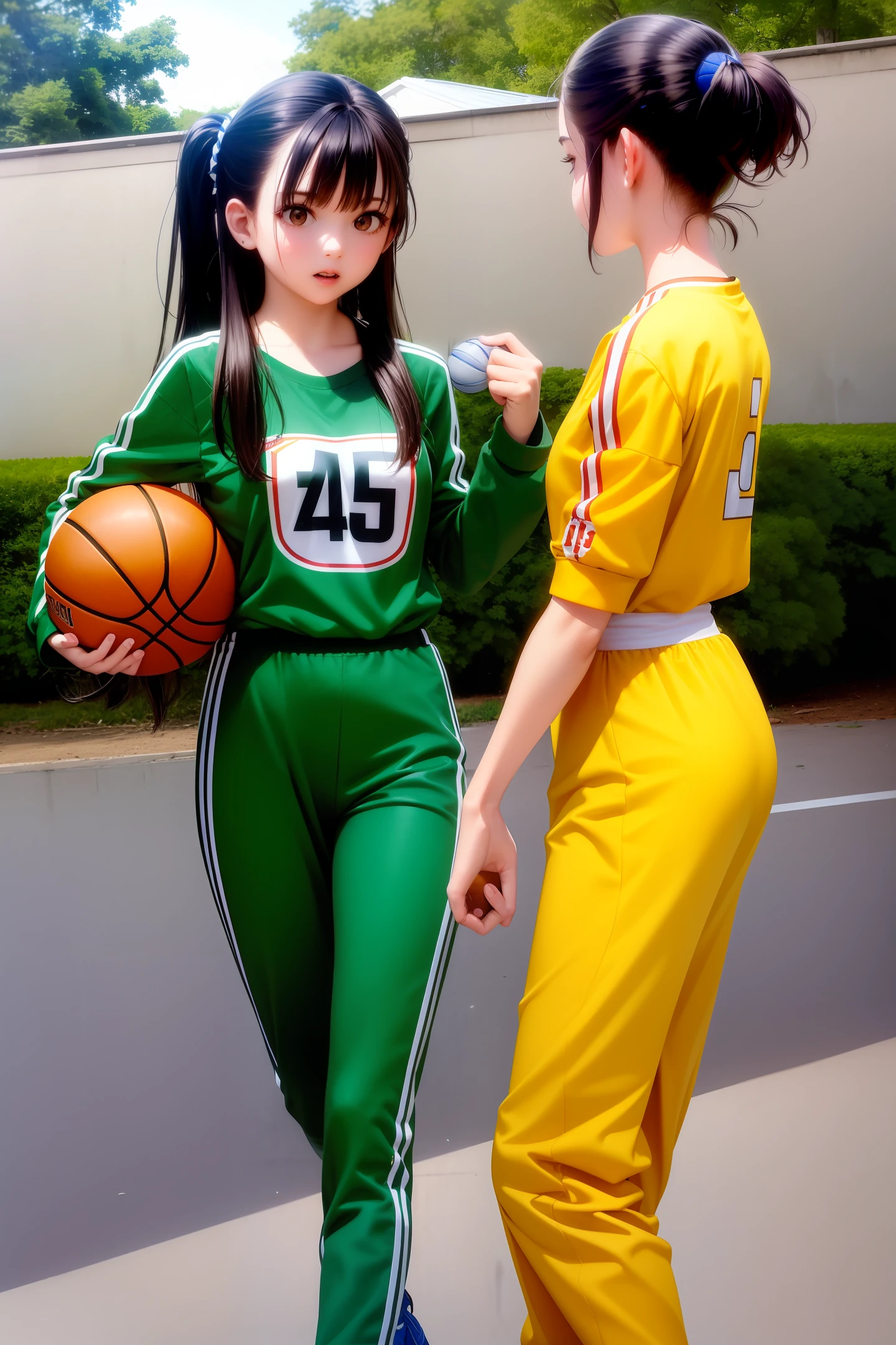 basketball ball,dual horsetail,track suit,teens girl